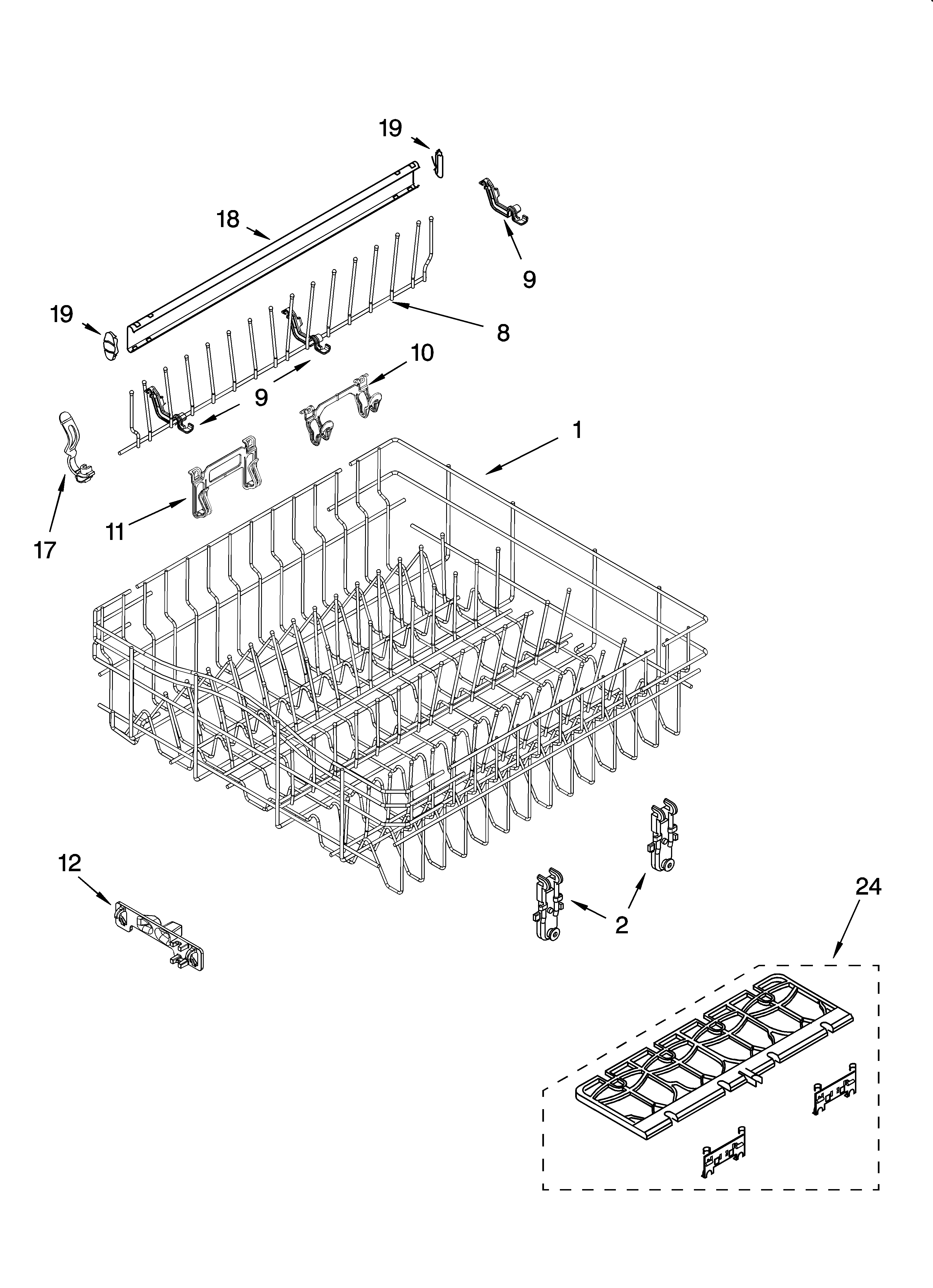 Whirlpool GU2451XTSB0 upper rack and track parts diagram