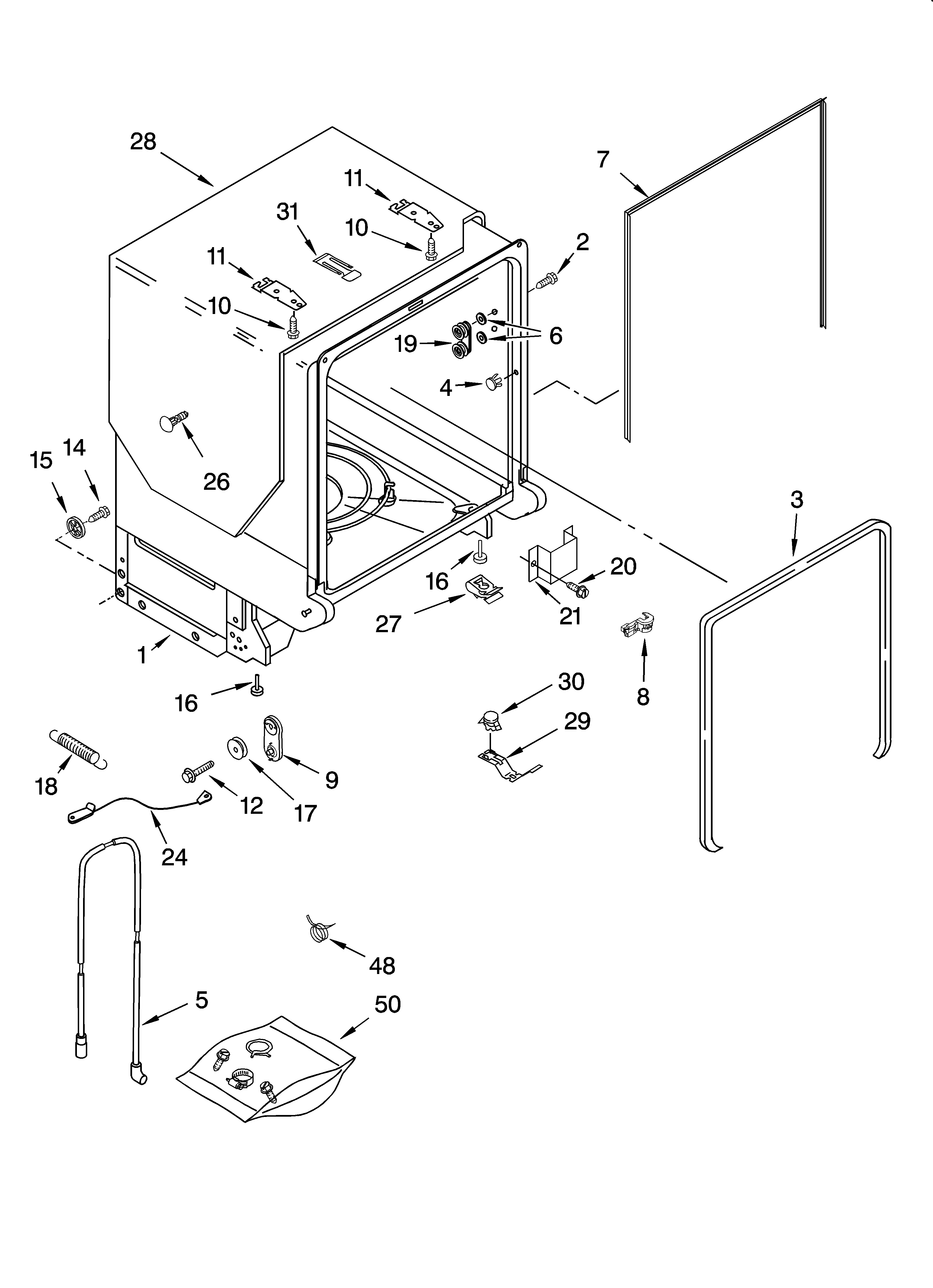 KitchenAid KUDC02IRWH2 tub and frame parts diagram