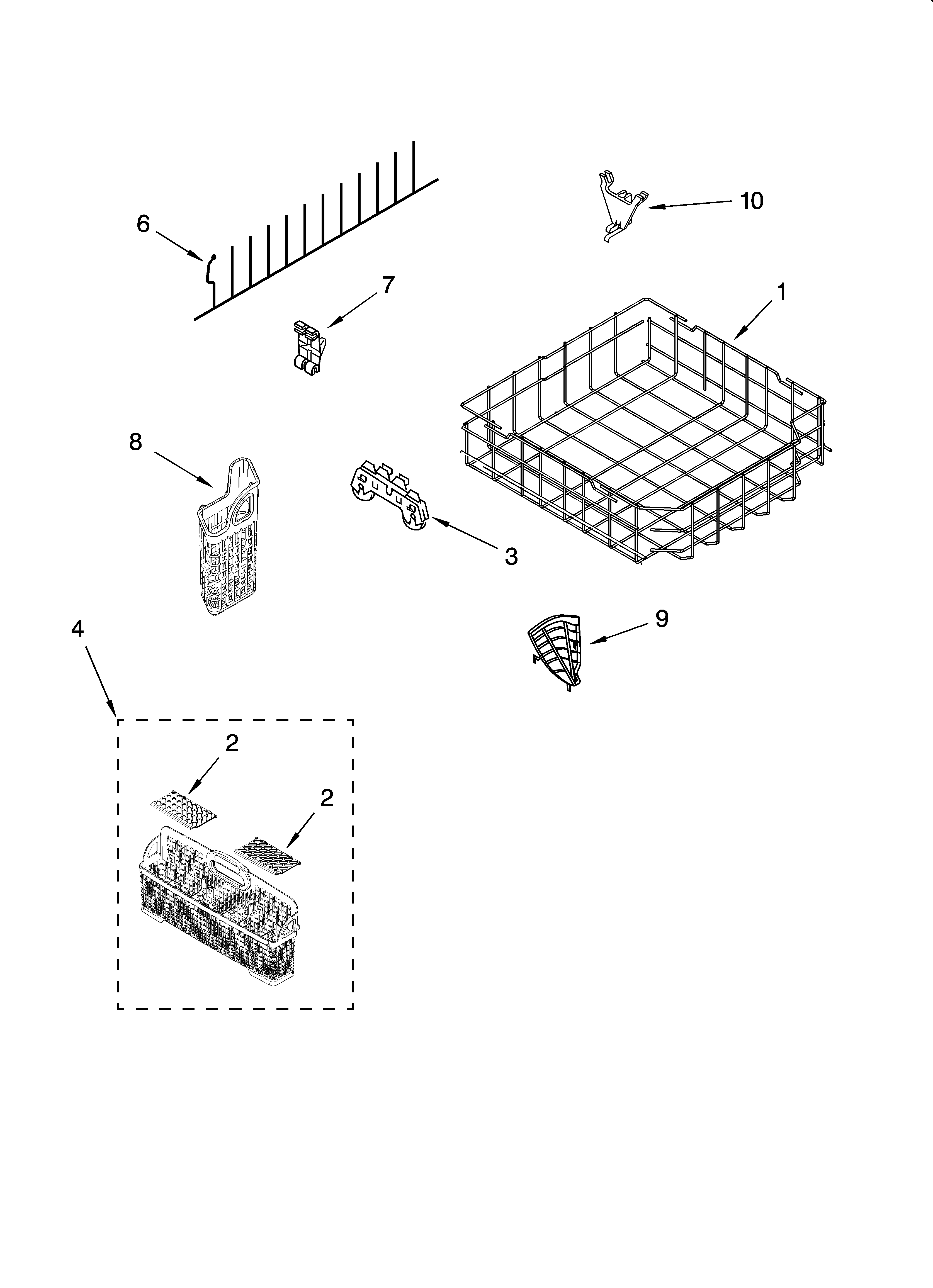 KitchenAid KUDP02SRWH2 lower rack parts, optional parts (not included) diagram