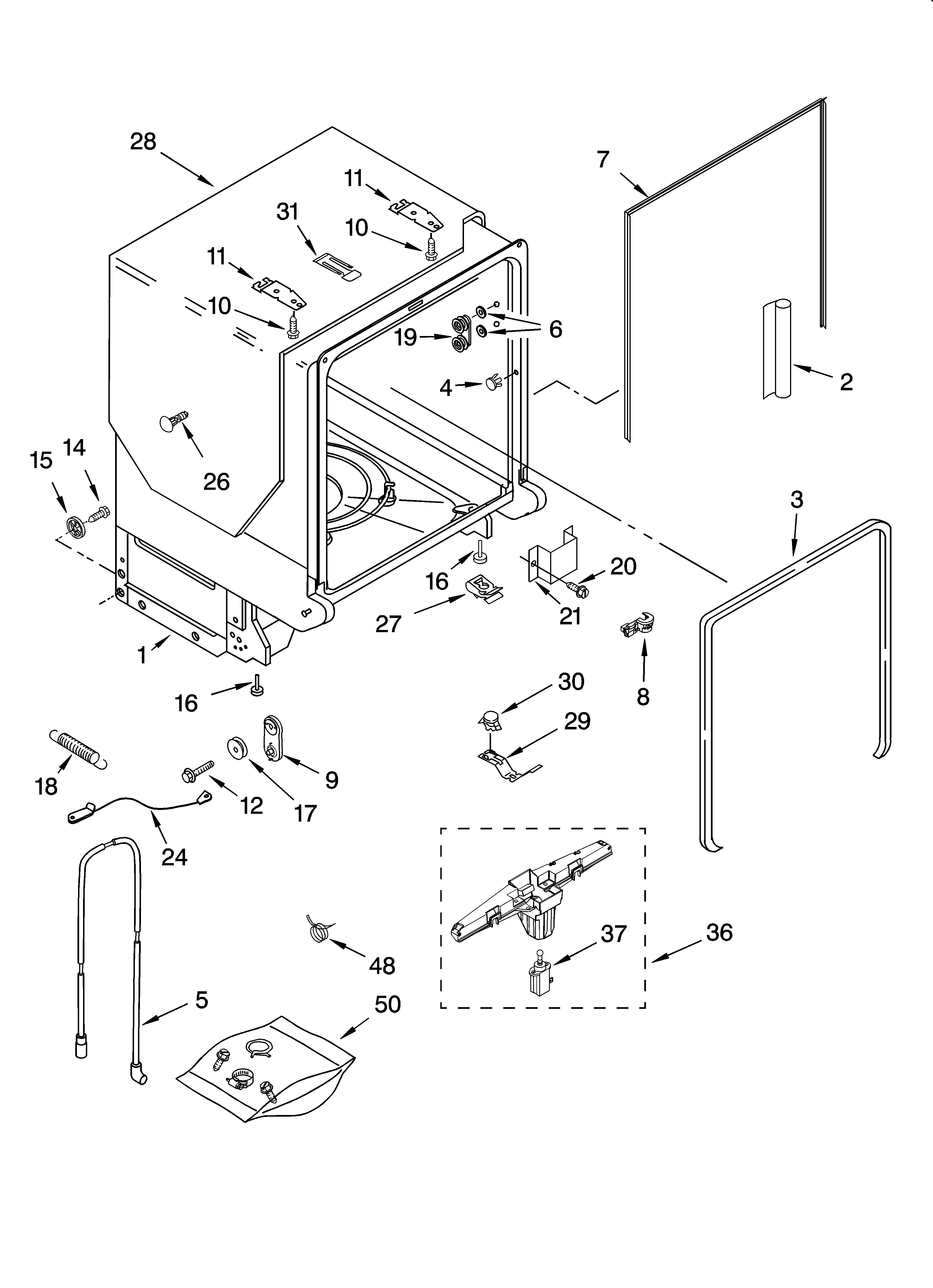 KitchenAid KUDR02FSBL2 tub and frame parts diagram