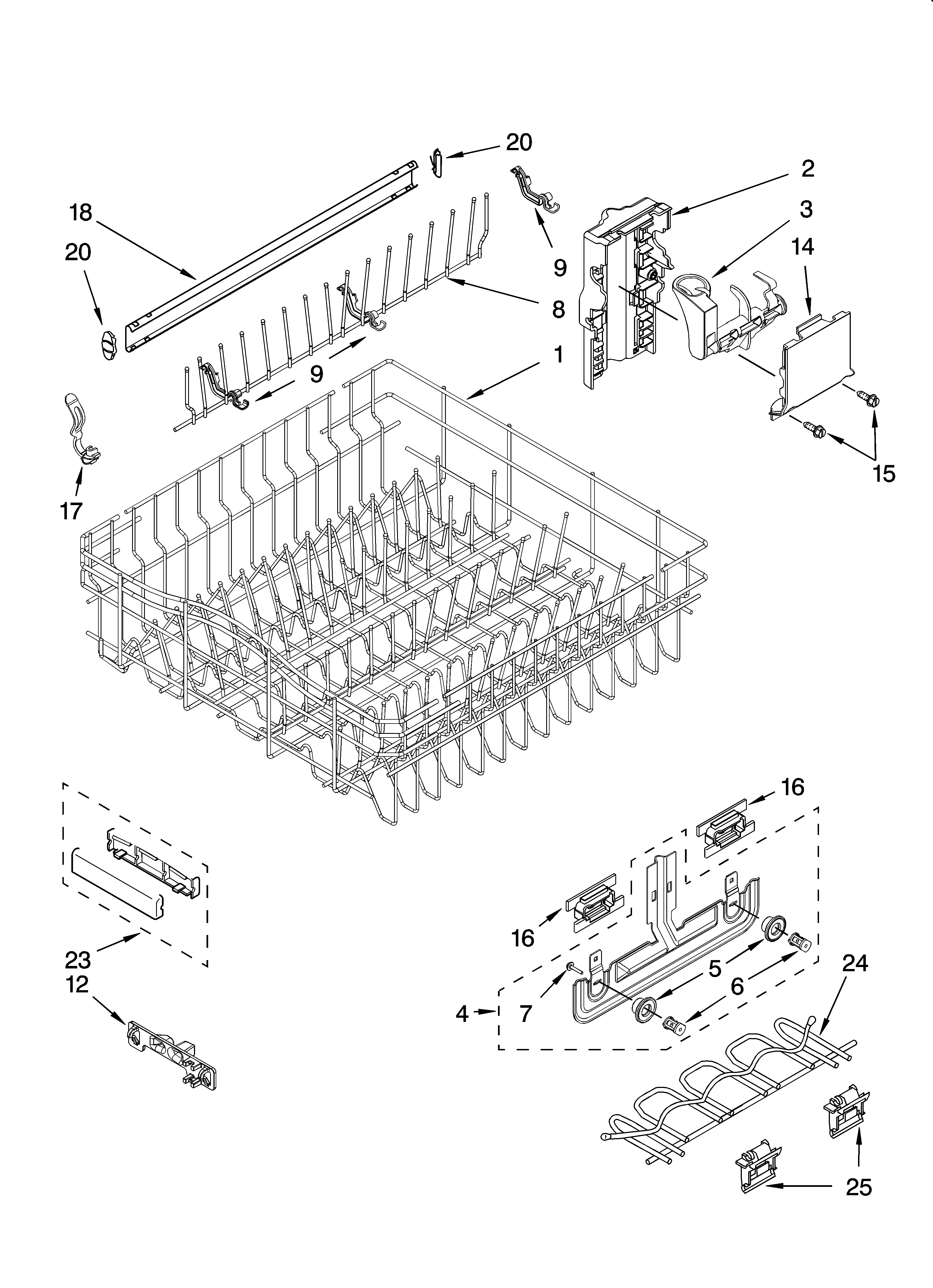 KitchenAid KUDR02FSBL2 upper rack and track parts diagram