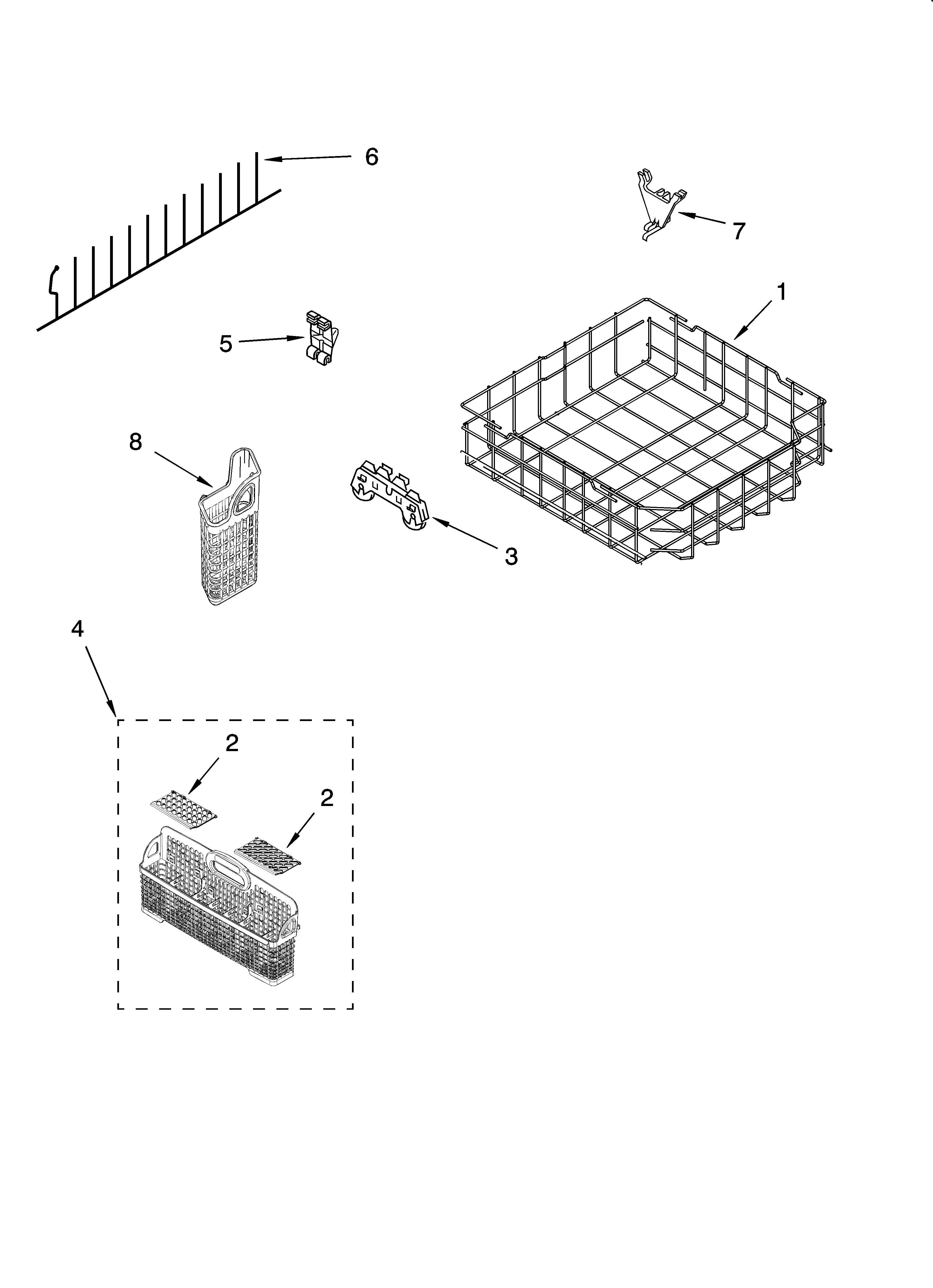 KitchenAid KUDR02FSBL2 lower rack parts, optional parts (not included) diagram
