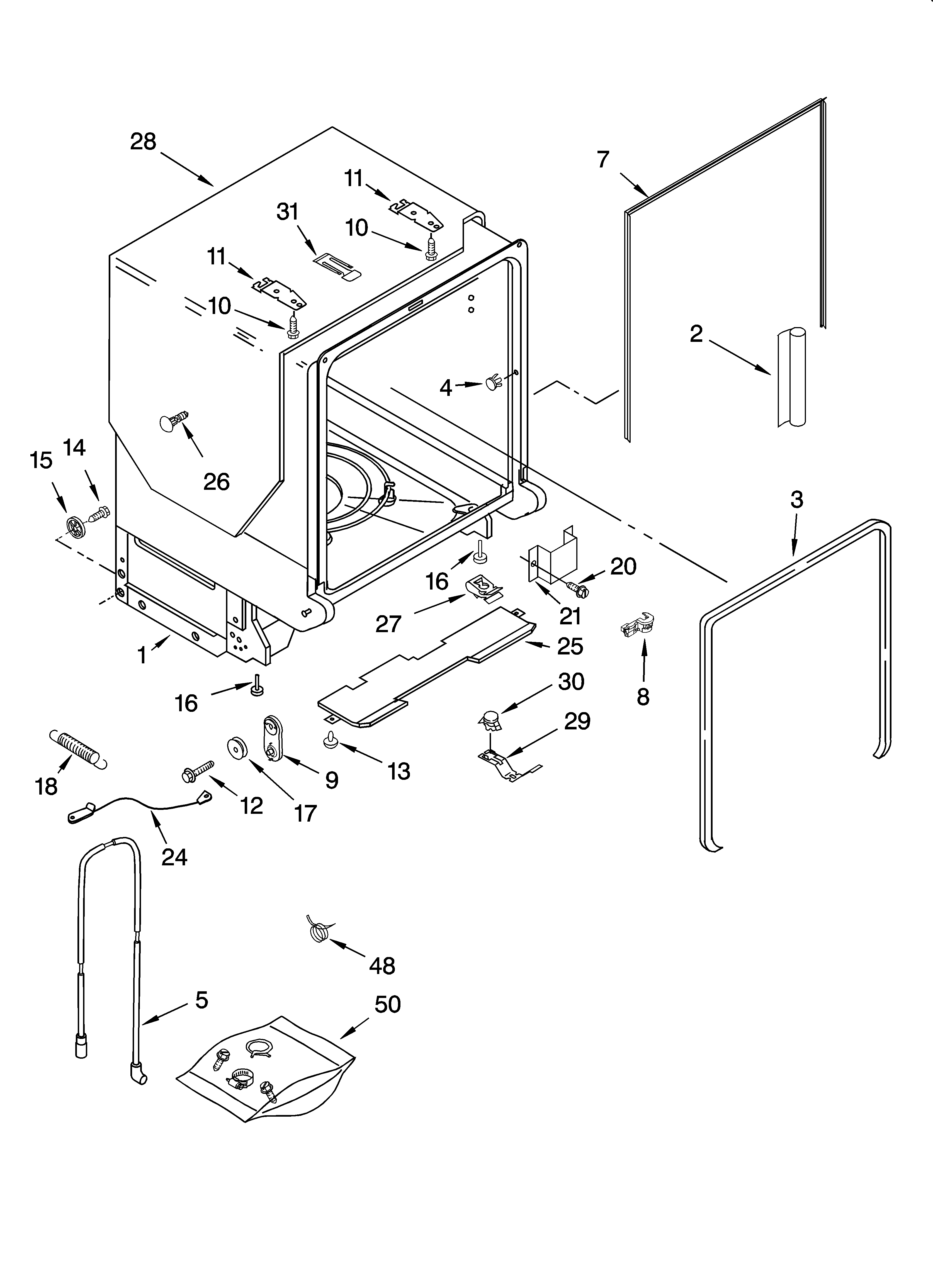 KitchenAid KUDW02FRBL2 tub and frame parts diagram