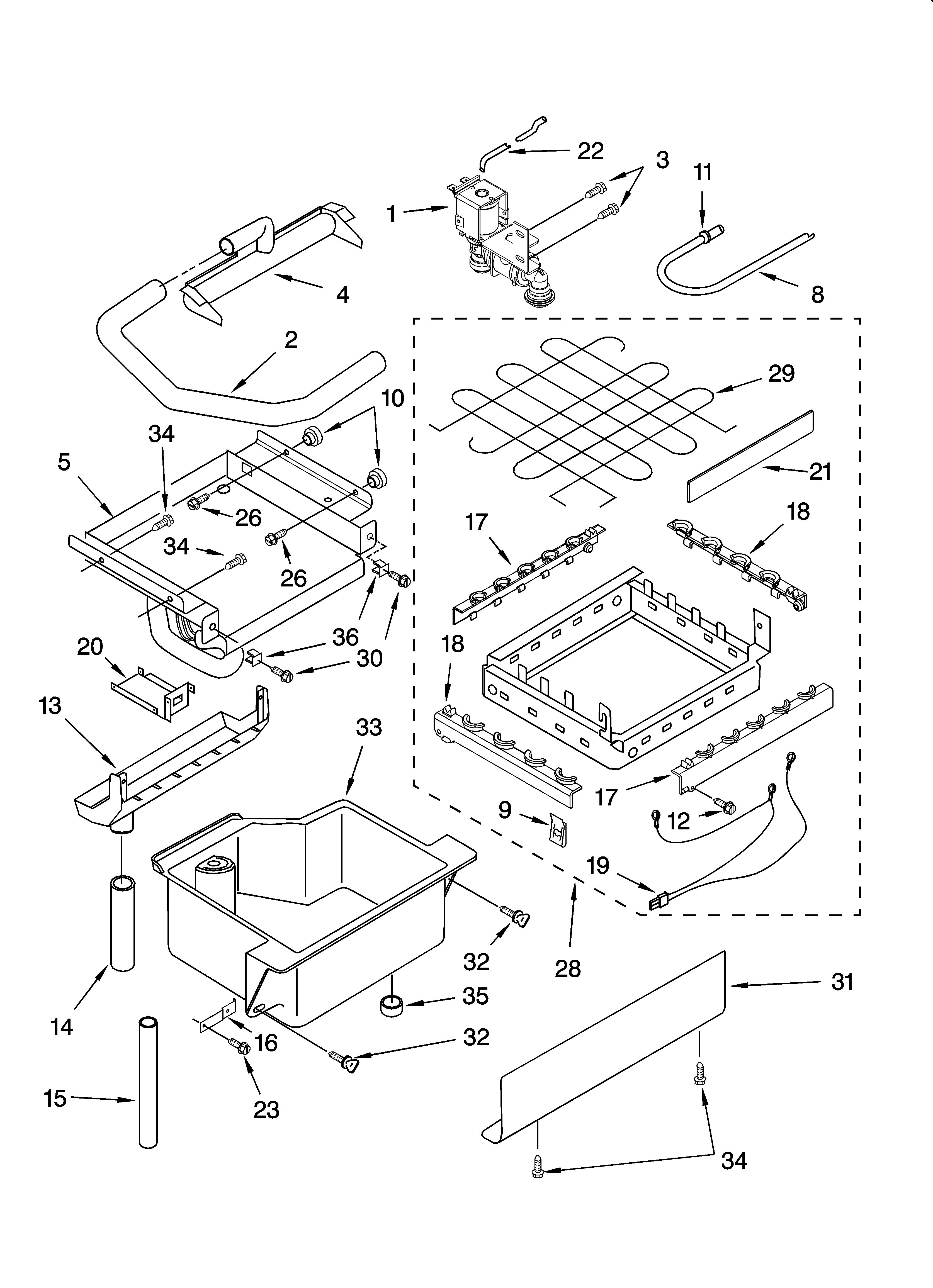 KitchenAid KUIA18NNJS8 evaporator, ice cutter grid and water parts diagram