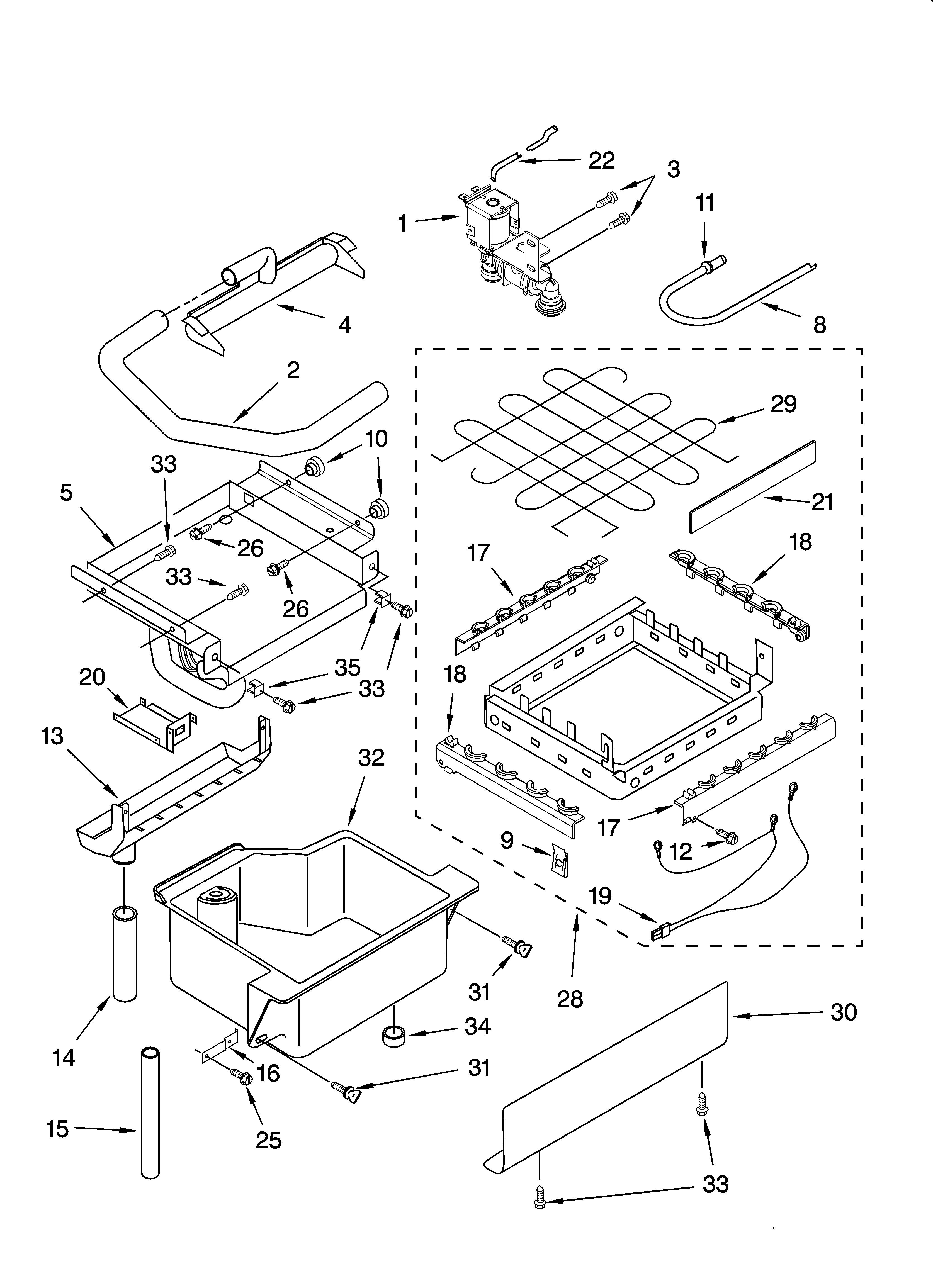KitchenAid KUIA18PNLS5 evaporator, ice cutter grid and water parts diagram