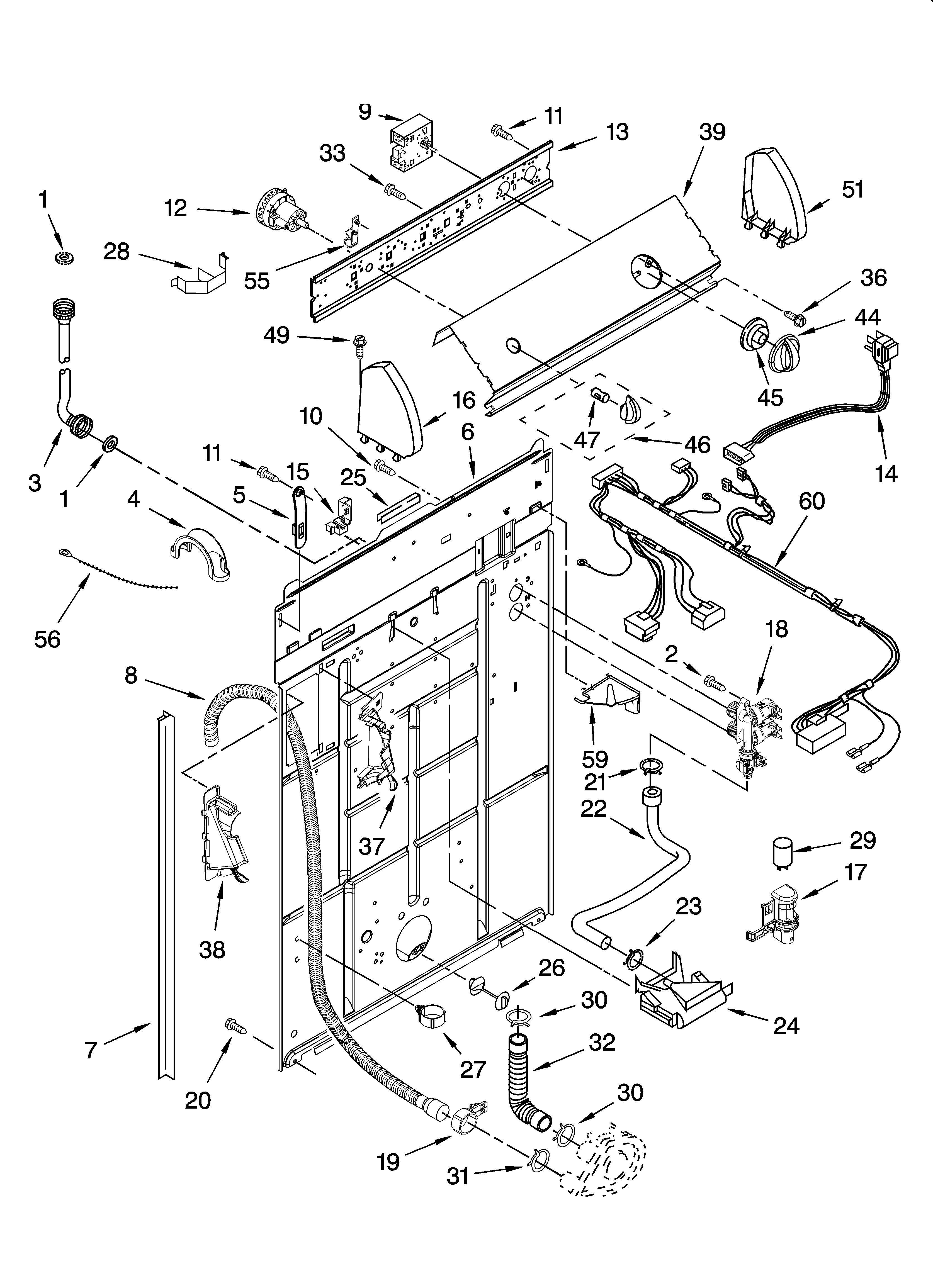 Whirlpool WTW5100SQ0 controls and rear panel parts diagram