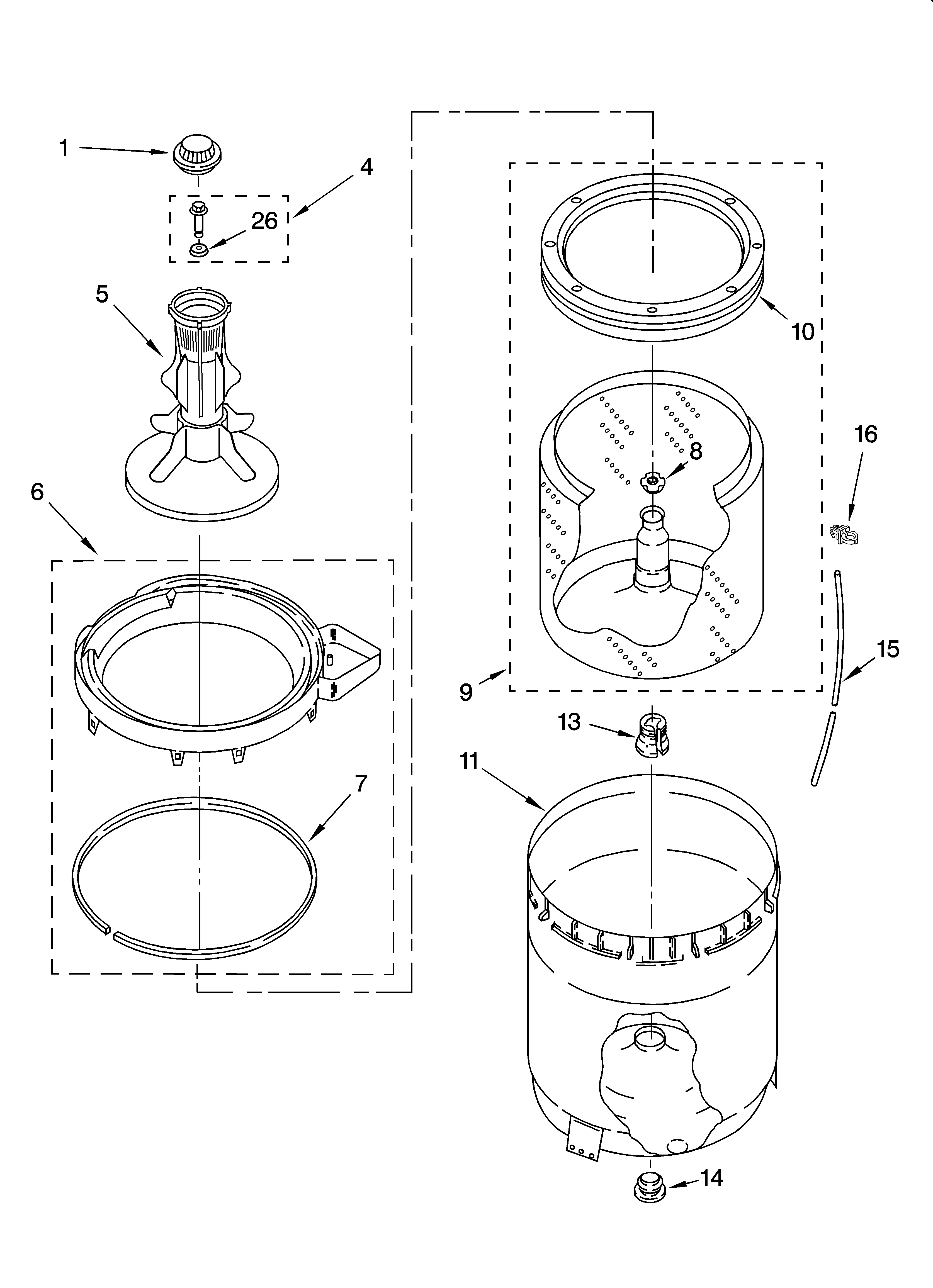 Whirlpool WTW5100SQ0 agitator, basket and tub parts diagram