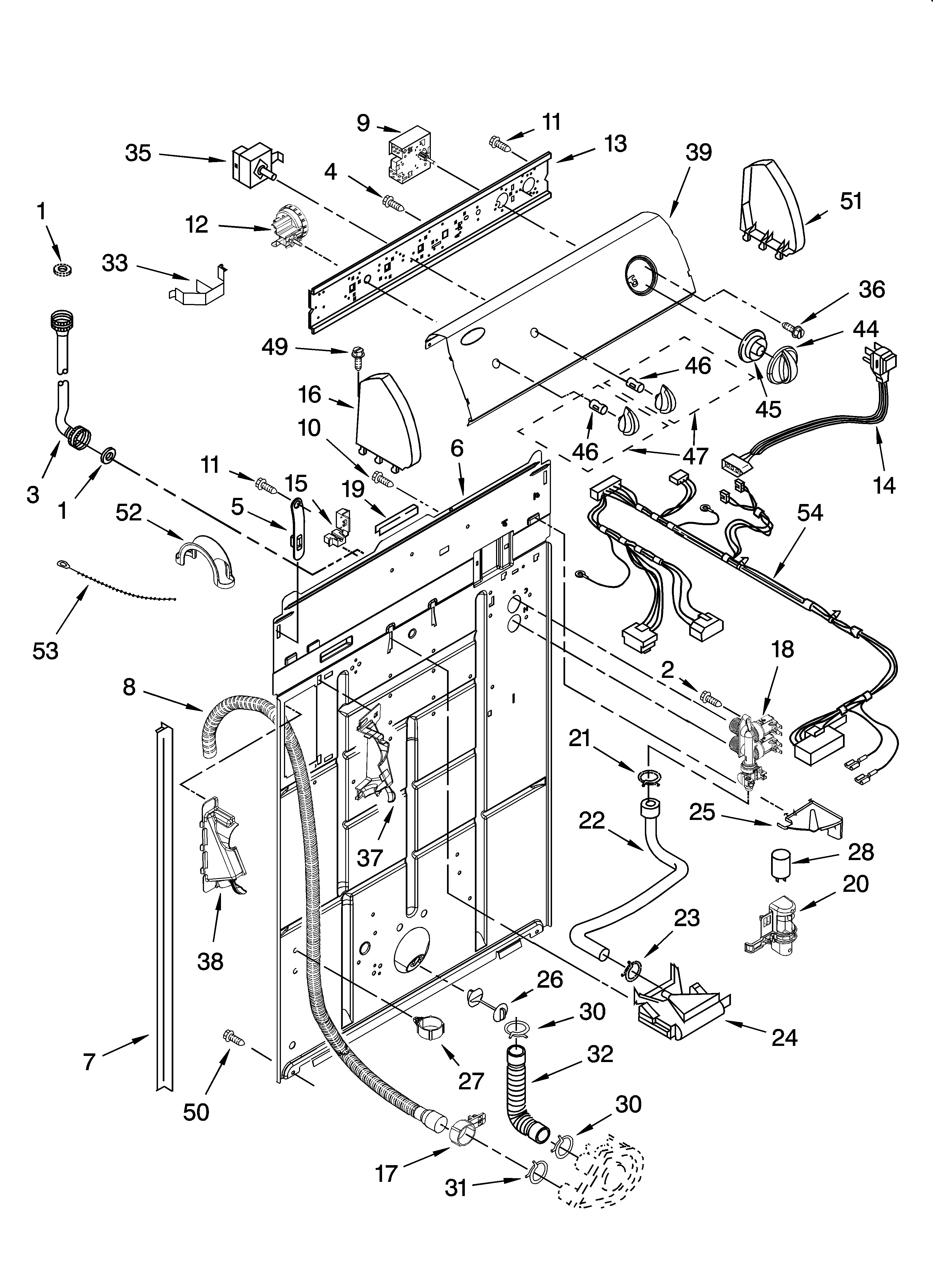 Whirlpool WTW5300SQ0 controls and rear panel parts diagram