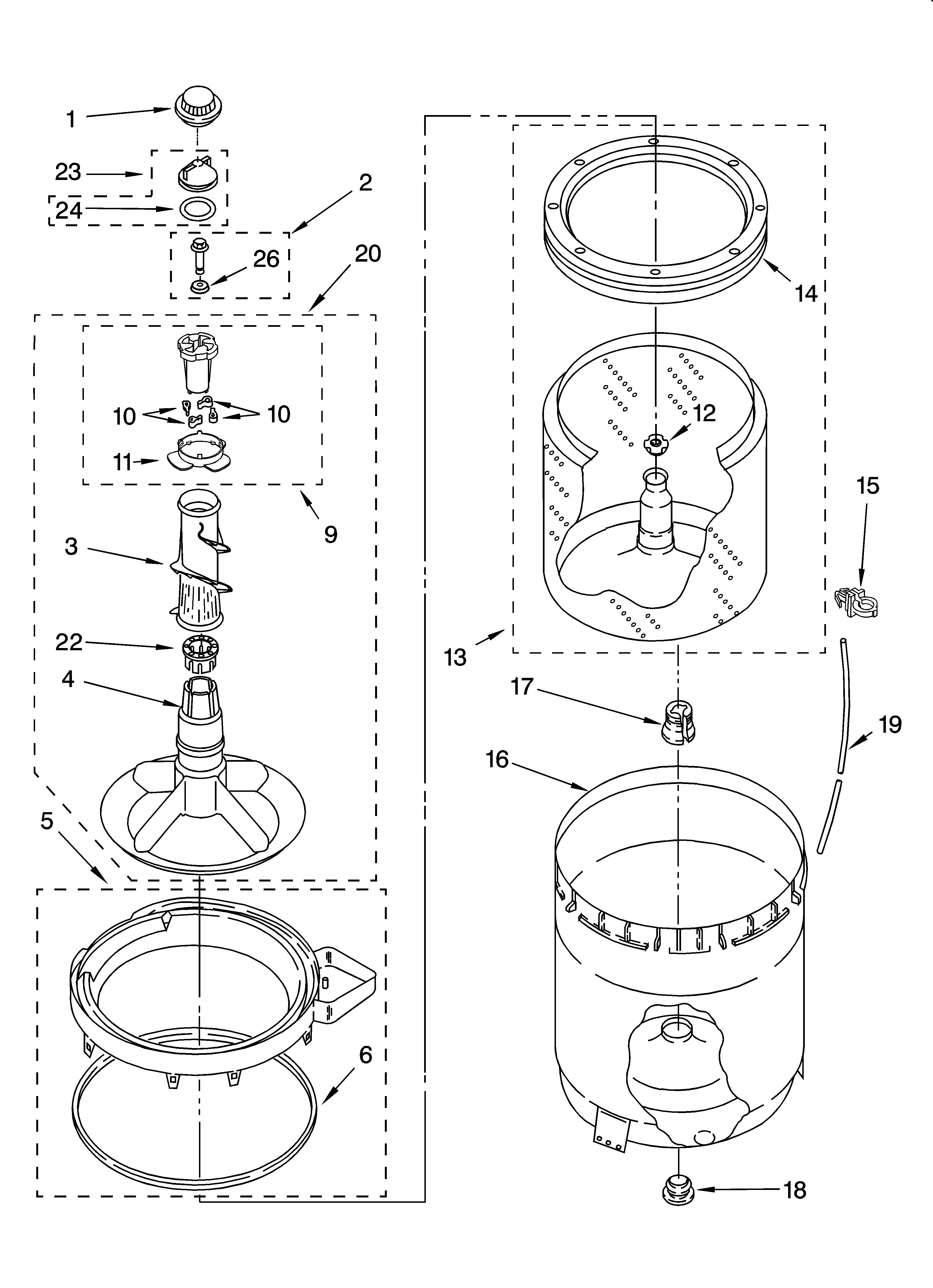 Whirlpool WTW5300SQ0 agitator, basket and tub parts diagram