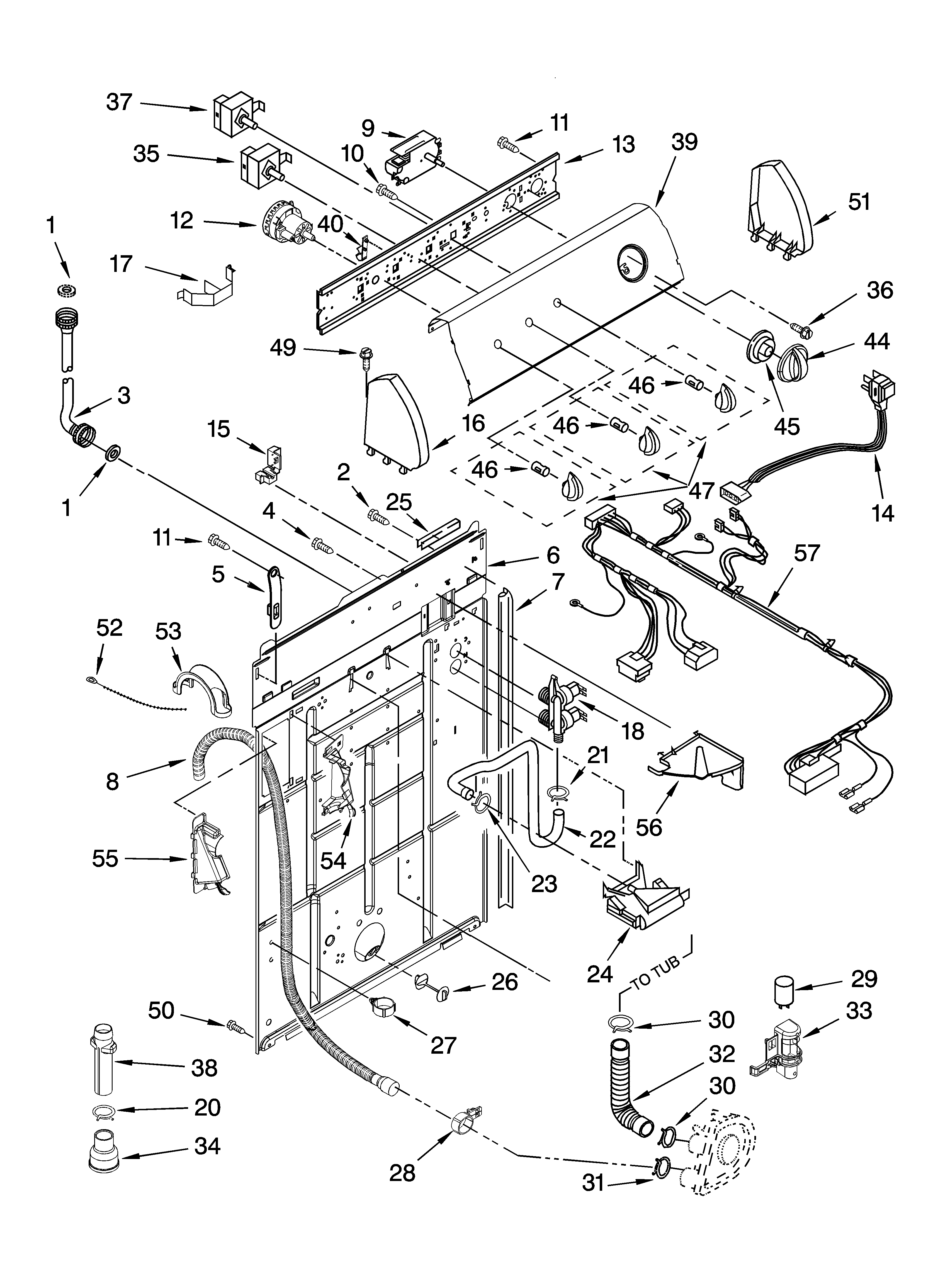 Whirlpool 2DWTW5605SQ0 controls and rear panel parts diagram
