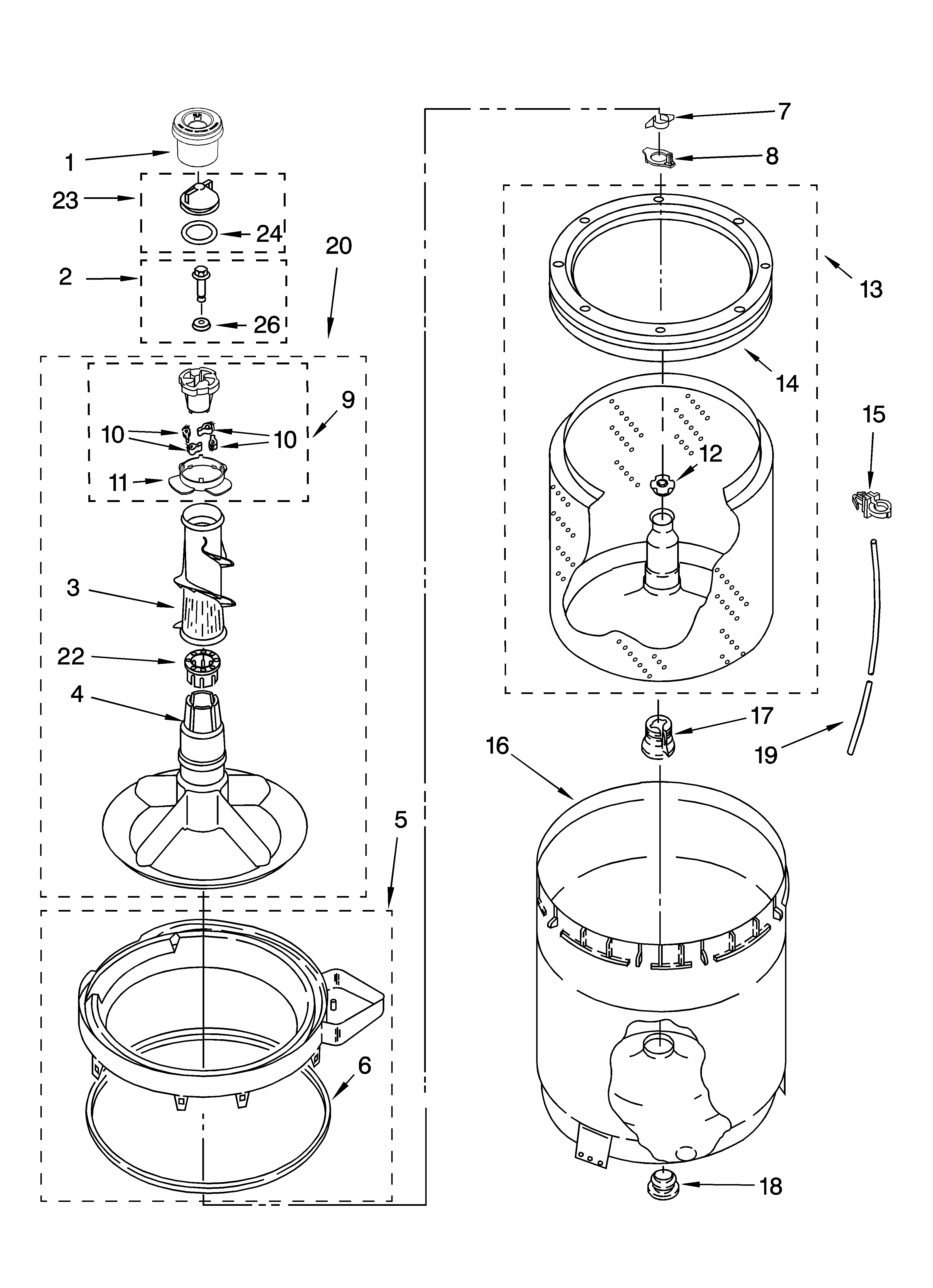 Whirlpool 2DWTW5605SQ0 agitator, basket and tub parts diagram
