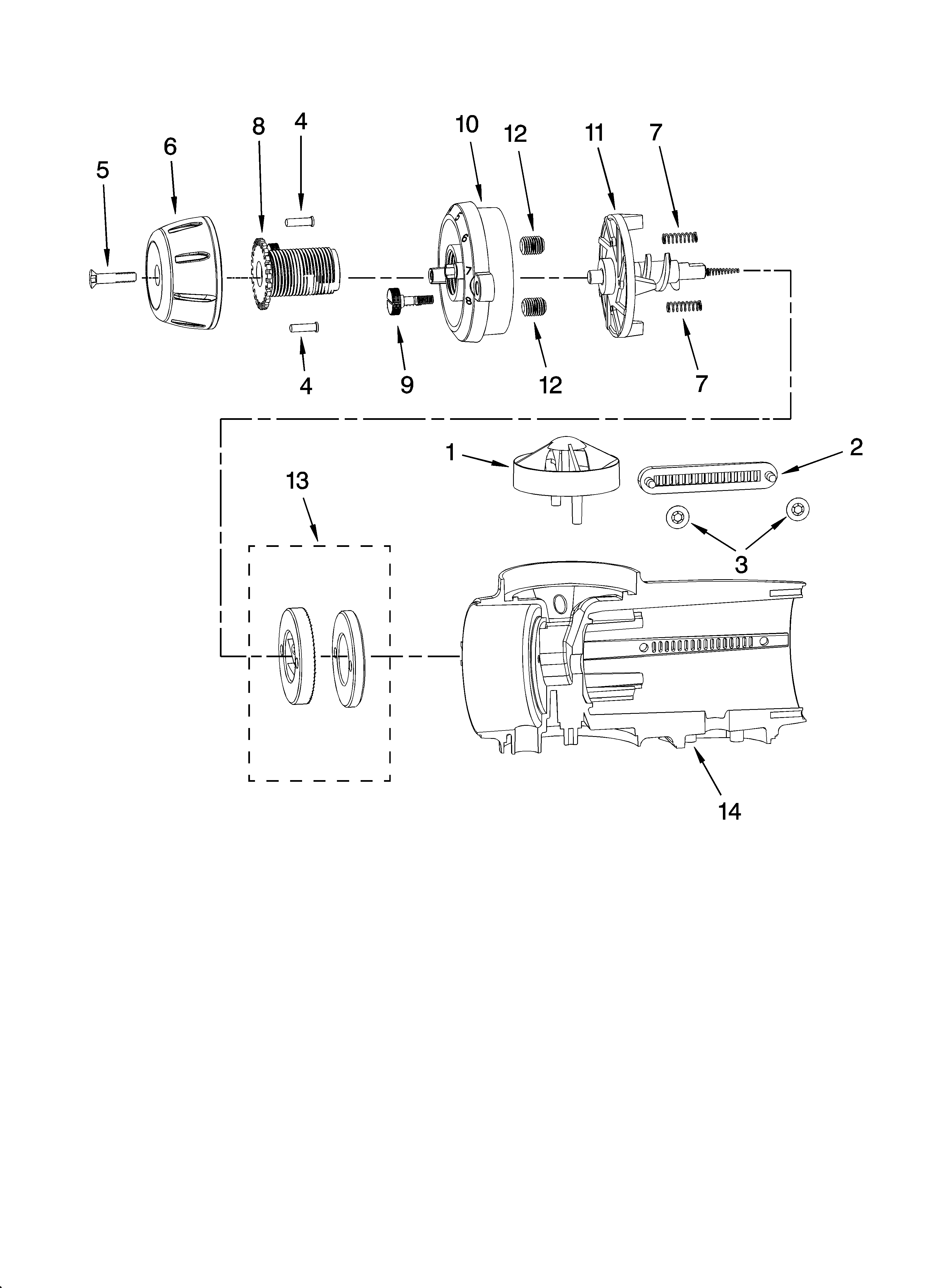KitchenAid KPCG100PM0 motor housing and burr assembly parts diagram