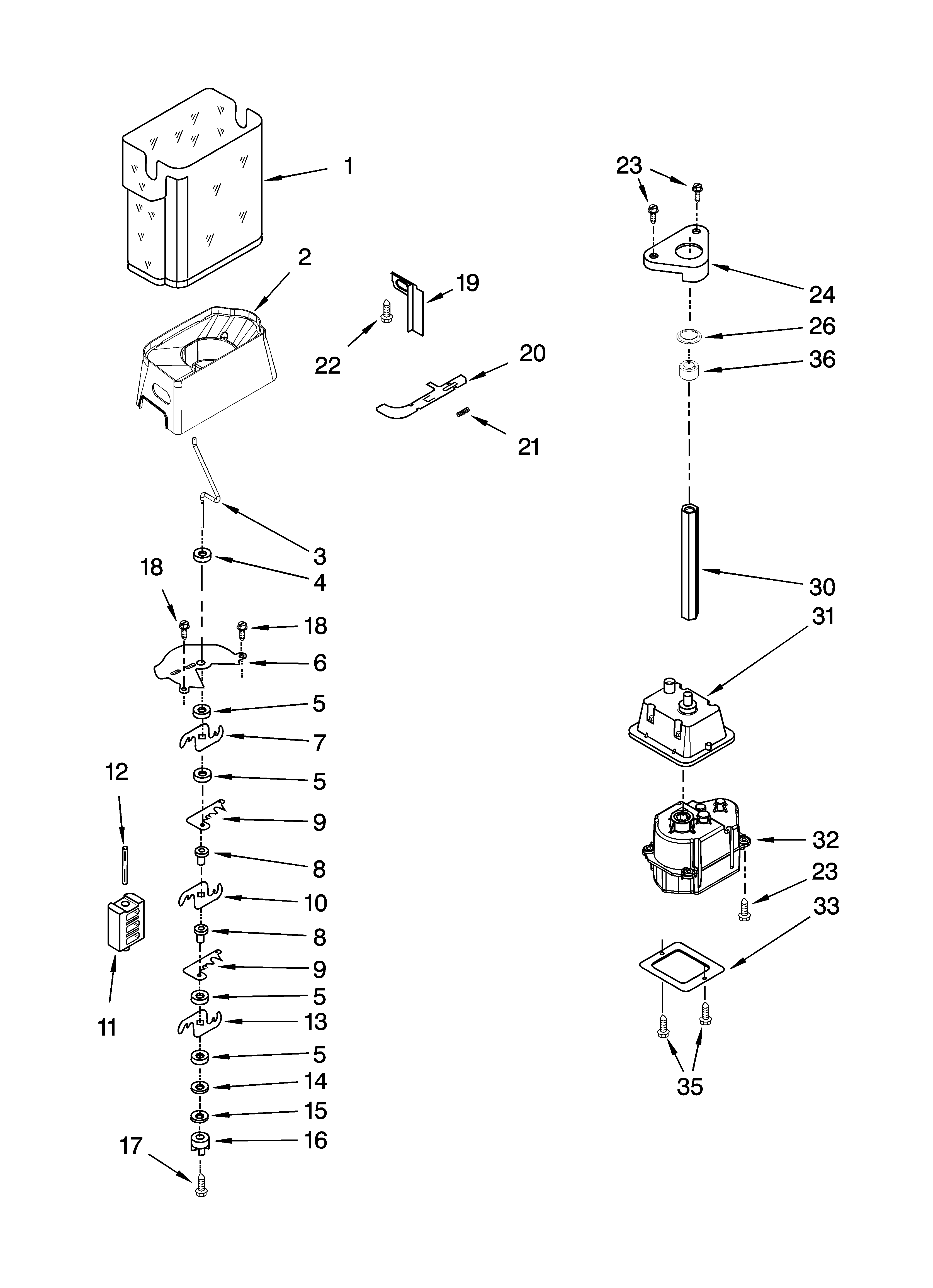 Whirlpool ED5FHAXSB01 motor and ice container parts diagram