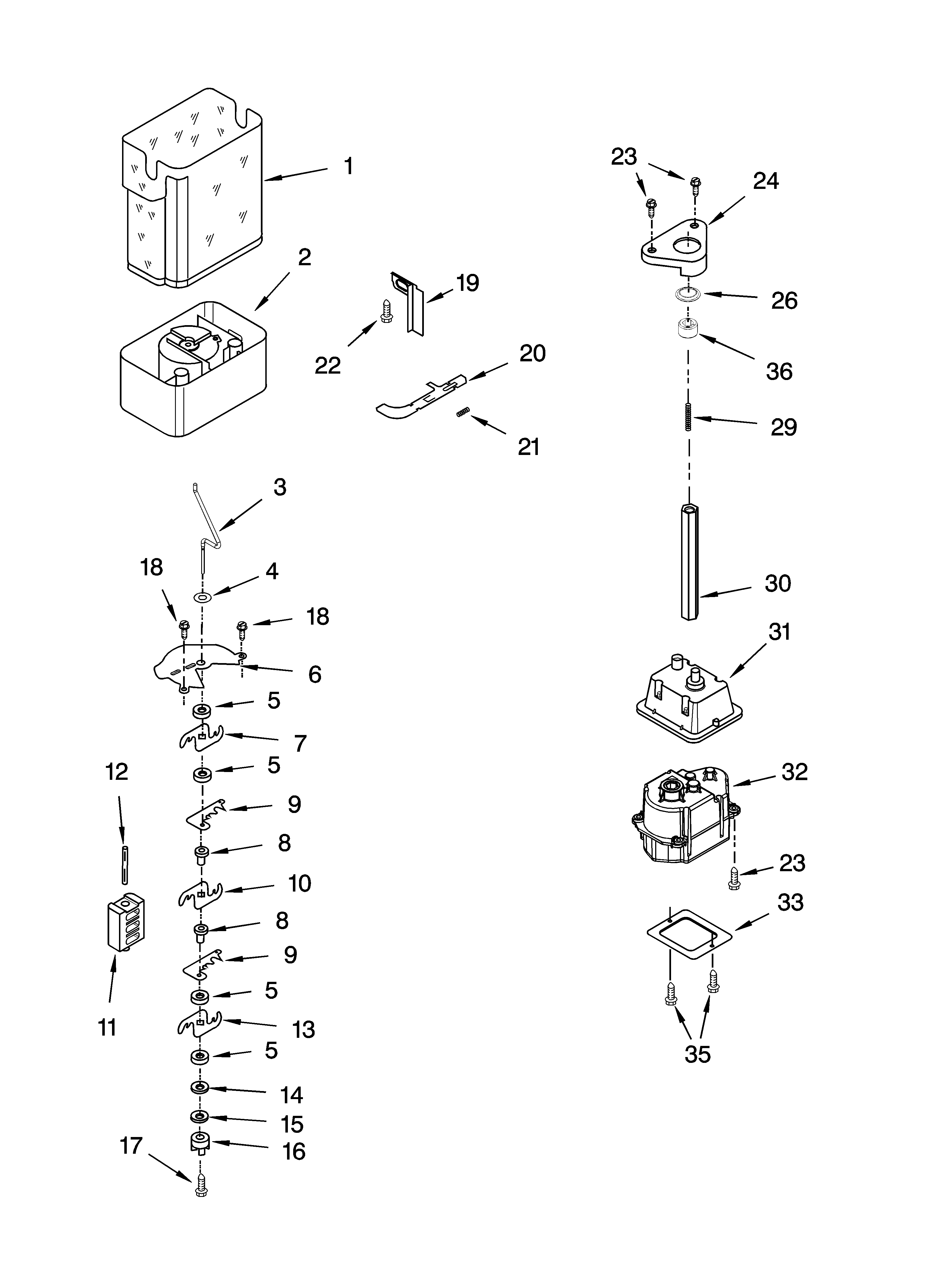 Whirlpool ED5RHAXNQ02 motor and ice container parts diagram