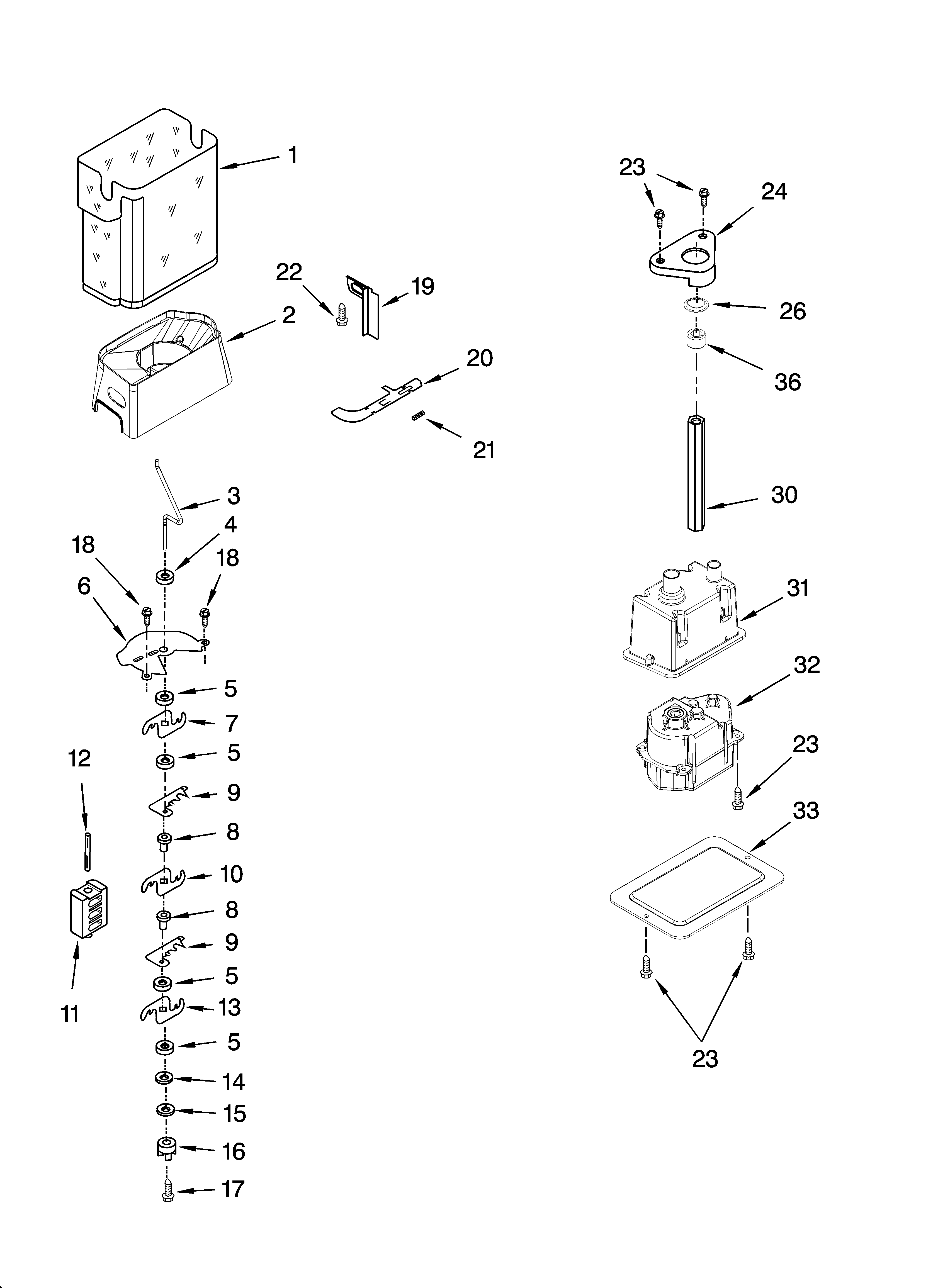 Whirlpool GD5RHAXSQ01 motor and ice container parts diagram