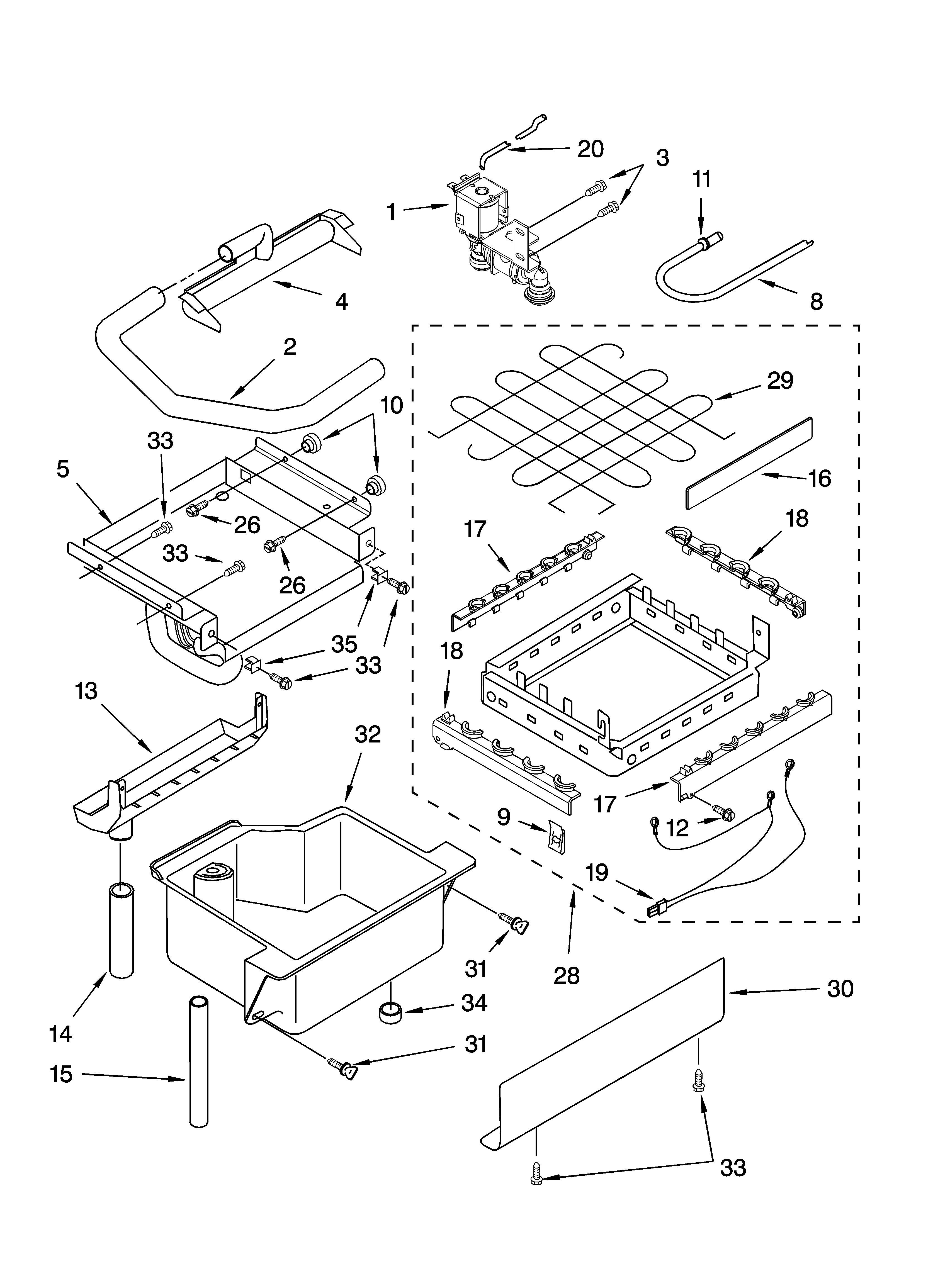 Whirlpool GI1500XHT9 evaporator, ice cutter grid and water parts diagram