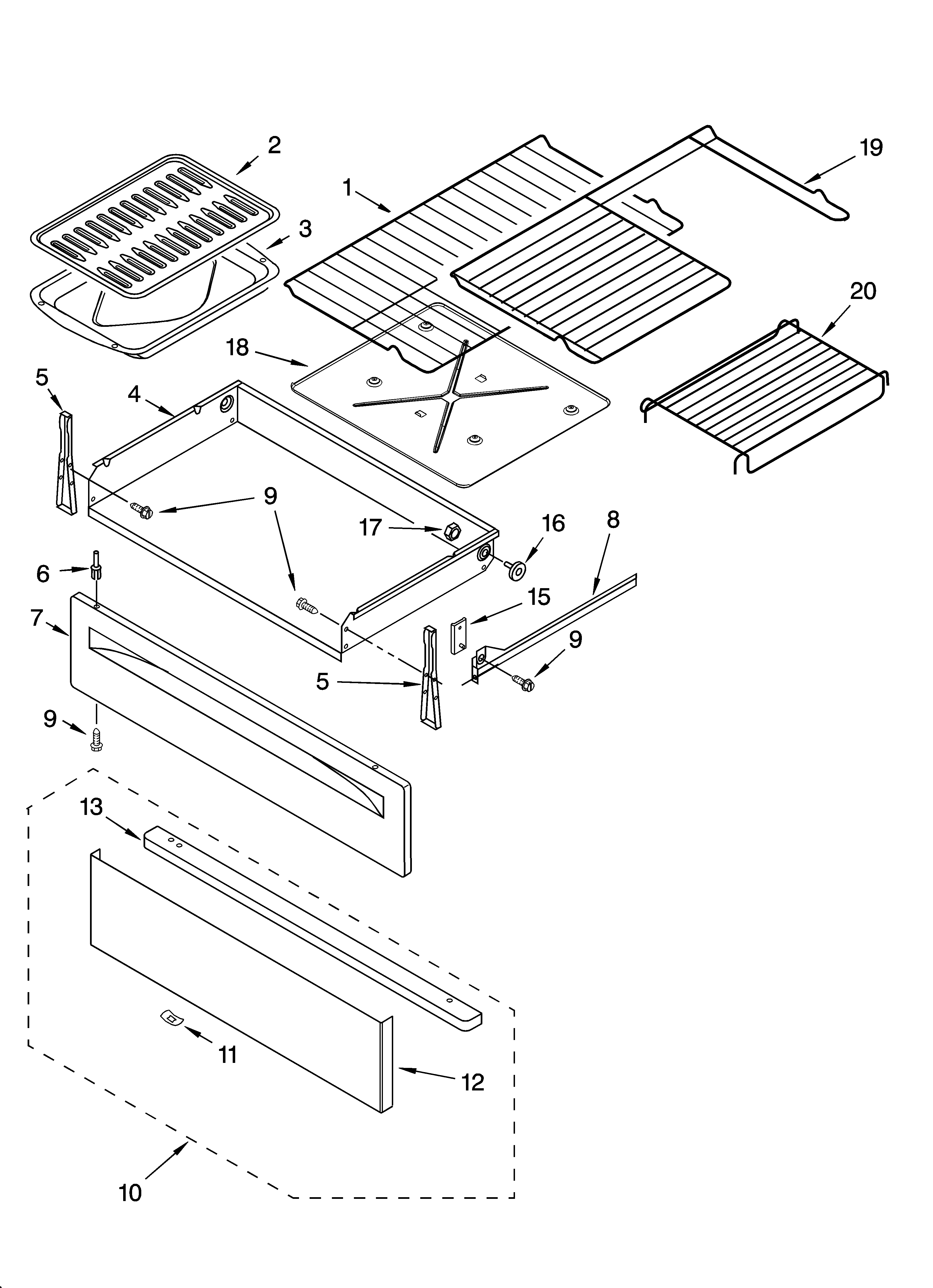 Whirlpool GR448LXPT3 drawer & broiler parts diagram