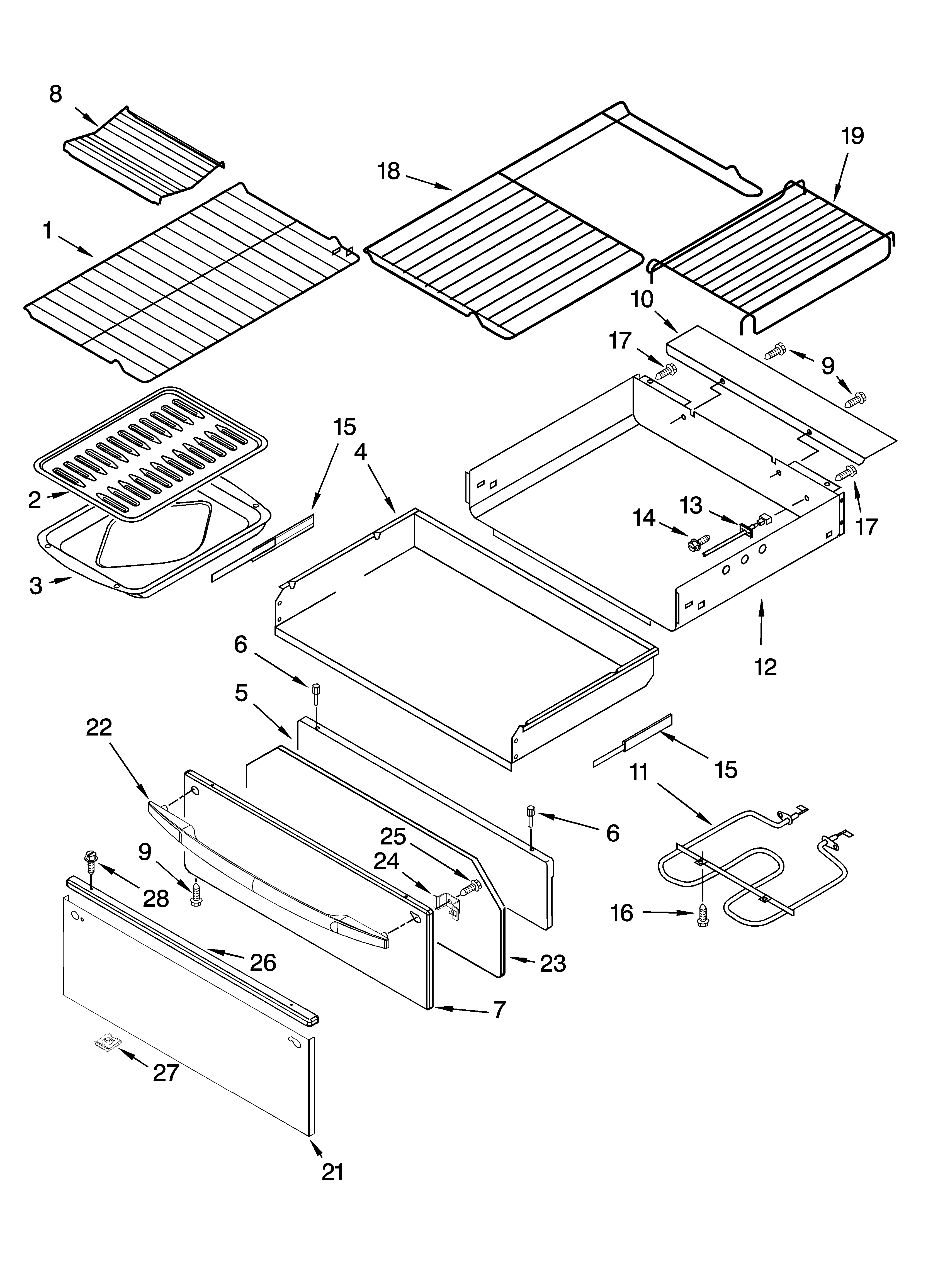 Whirlpool GR773LXSS1 drawer & broiler parts diagram