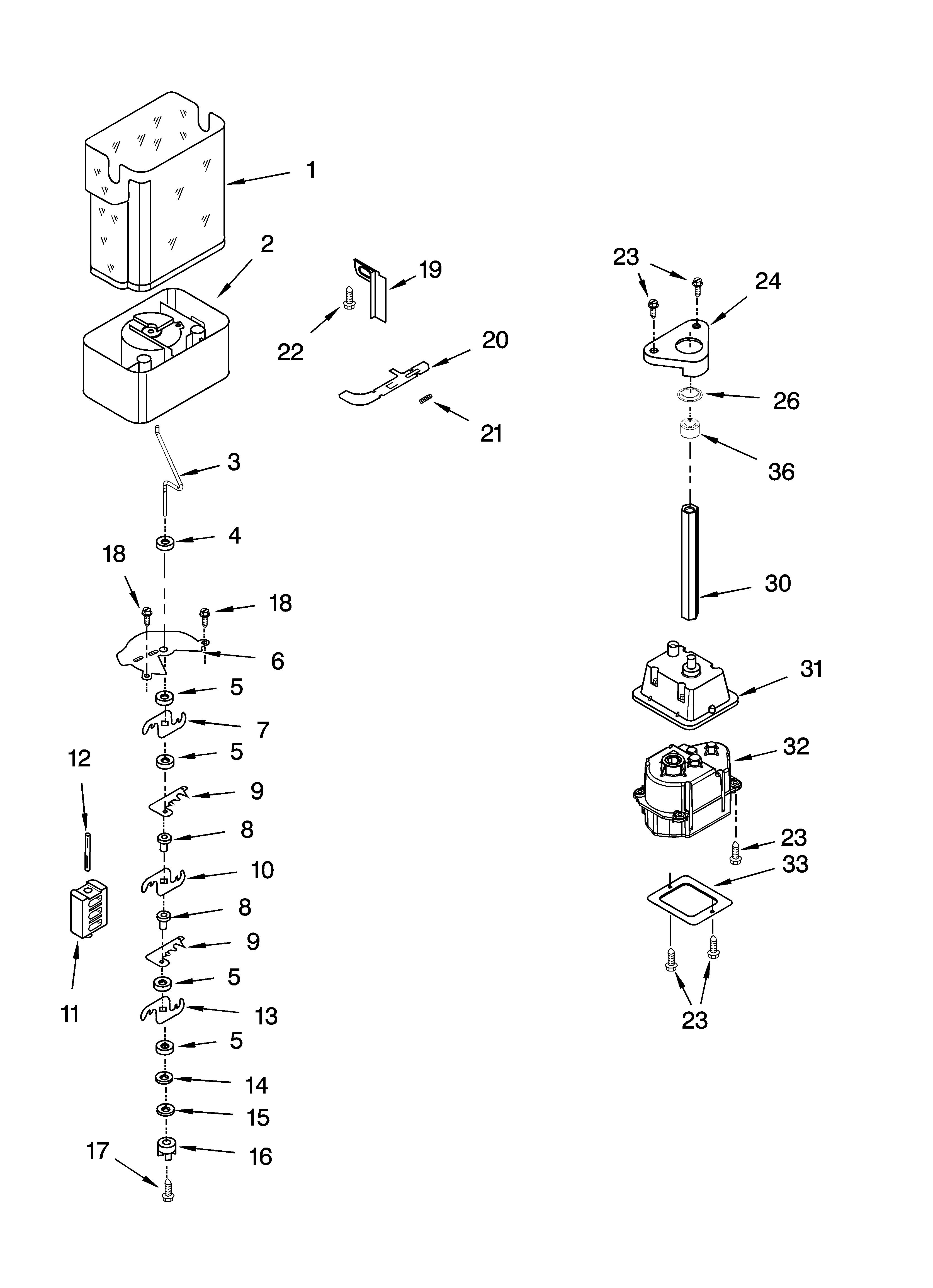 KitchenAid KSRG25FKBL18 motor and ice container parts diagram