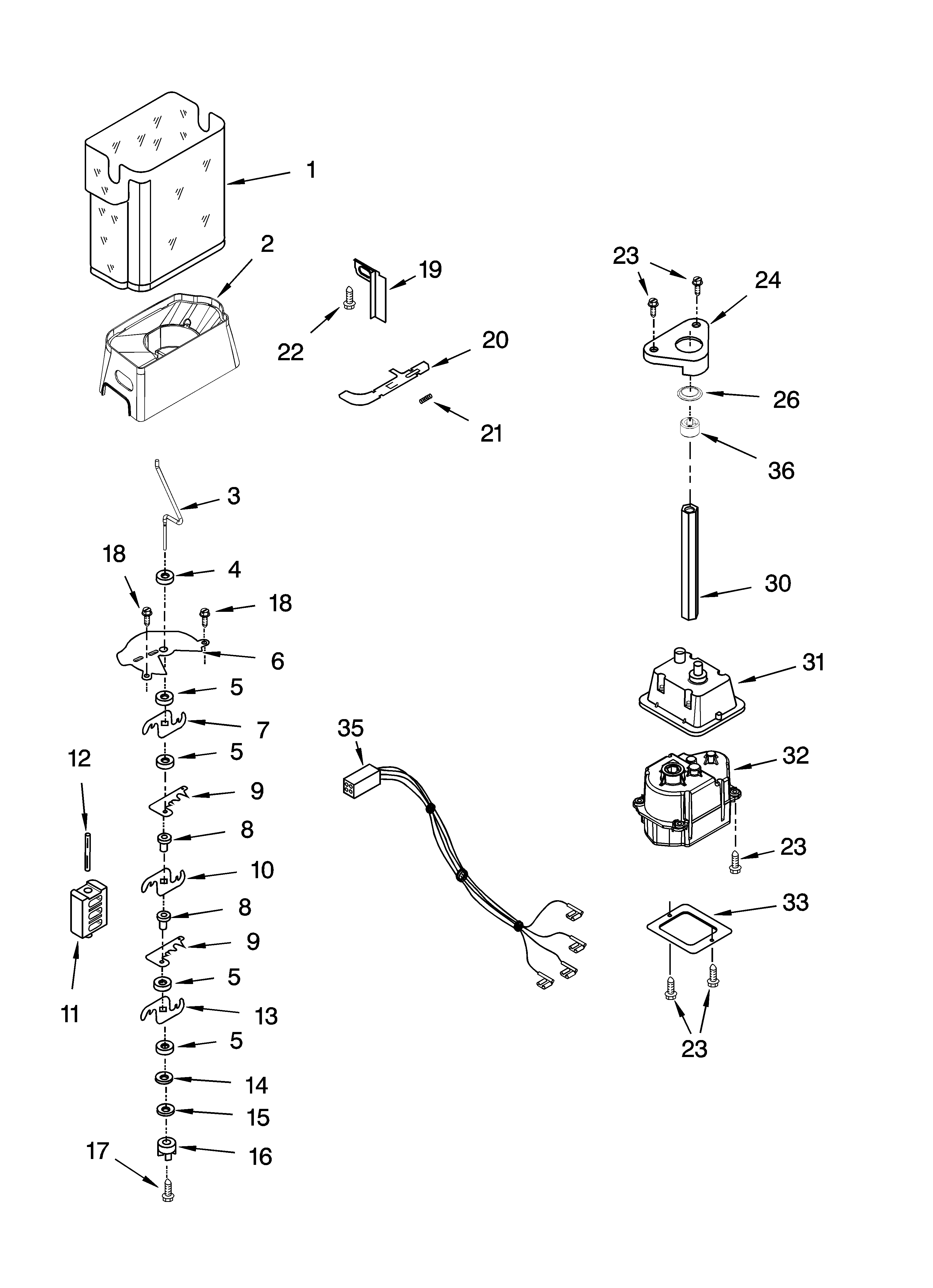 KitchenAid KSRX25FSWH01 motor and ice container parts diagram