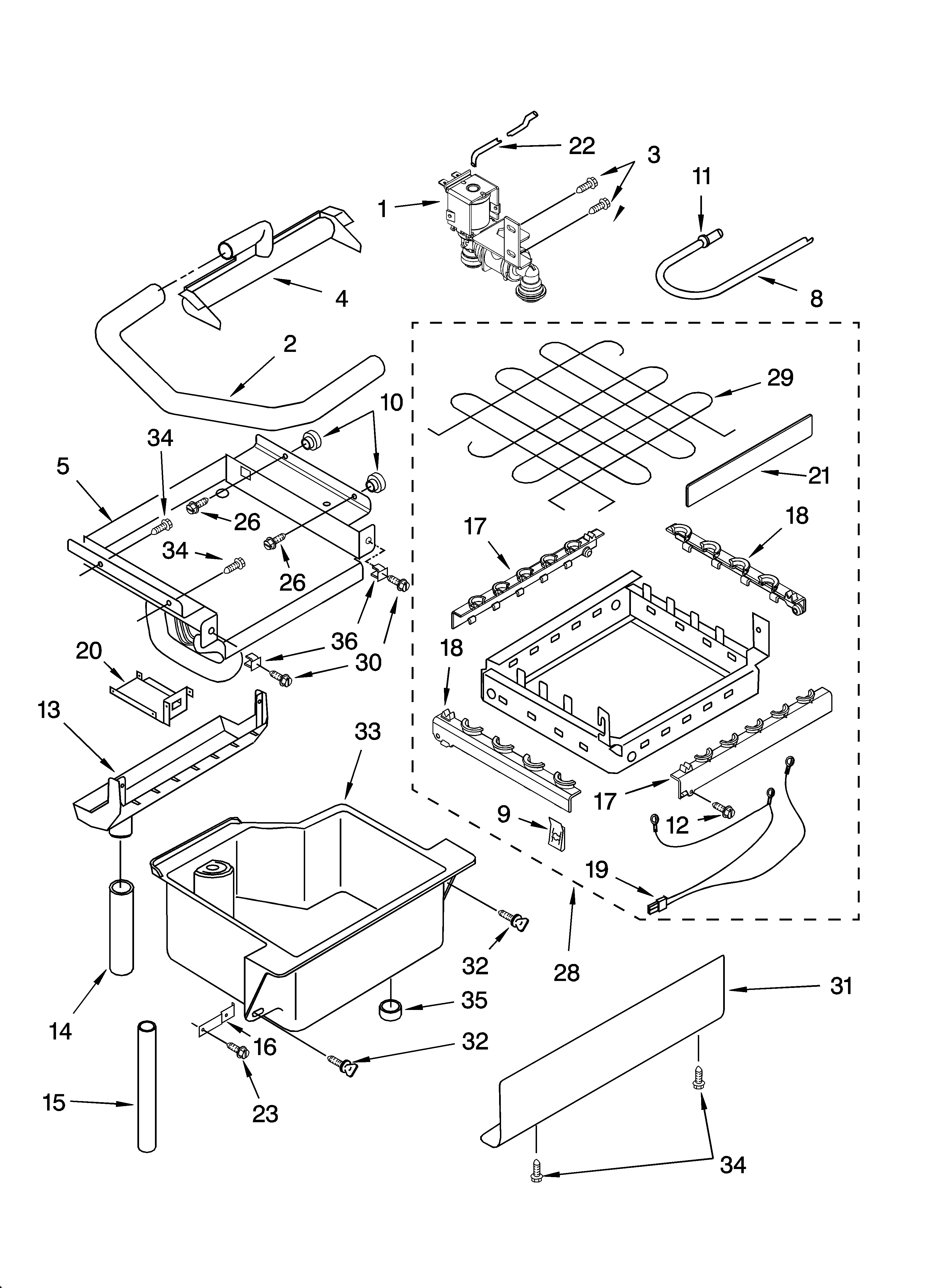 KitchenAid KUIV18NNMM4 evaporator, ice cutter grid and water parts diagram