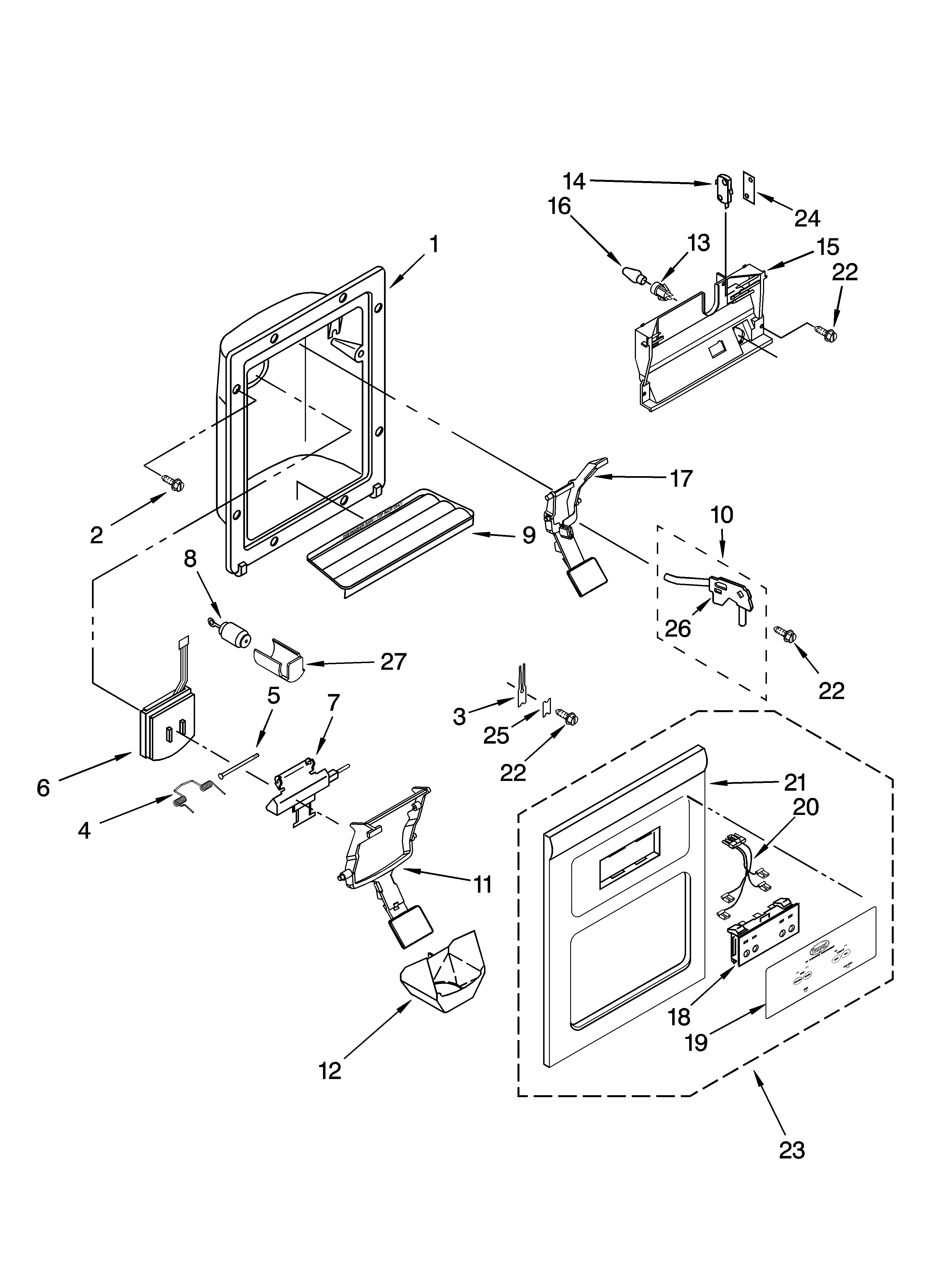 Roper RS22CFXTQ00 dispenser front parts diagram