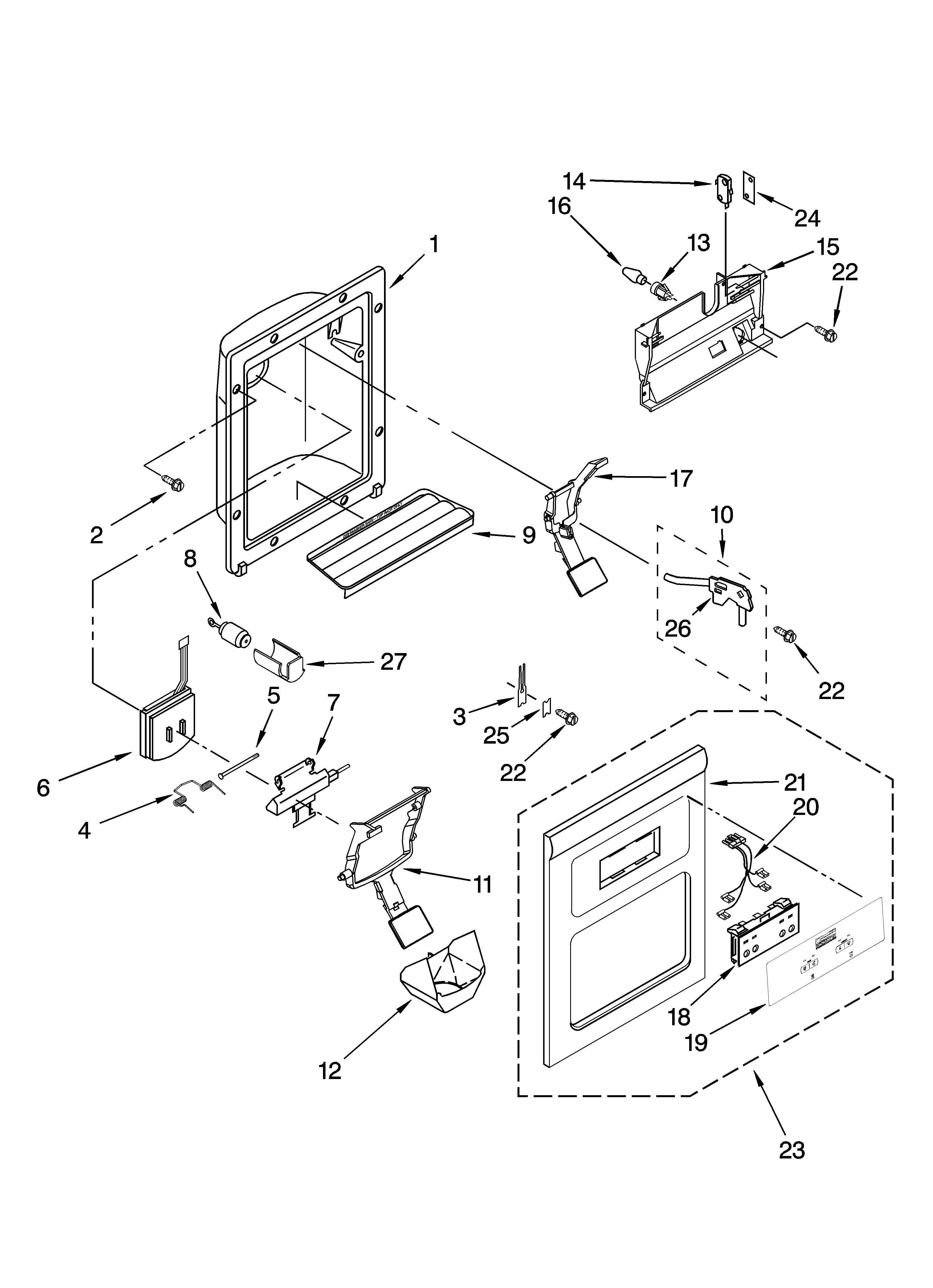 Roper RS25CFXTQ00 dispenser front parts diagram