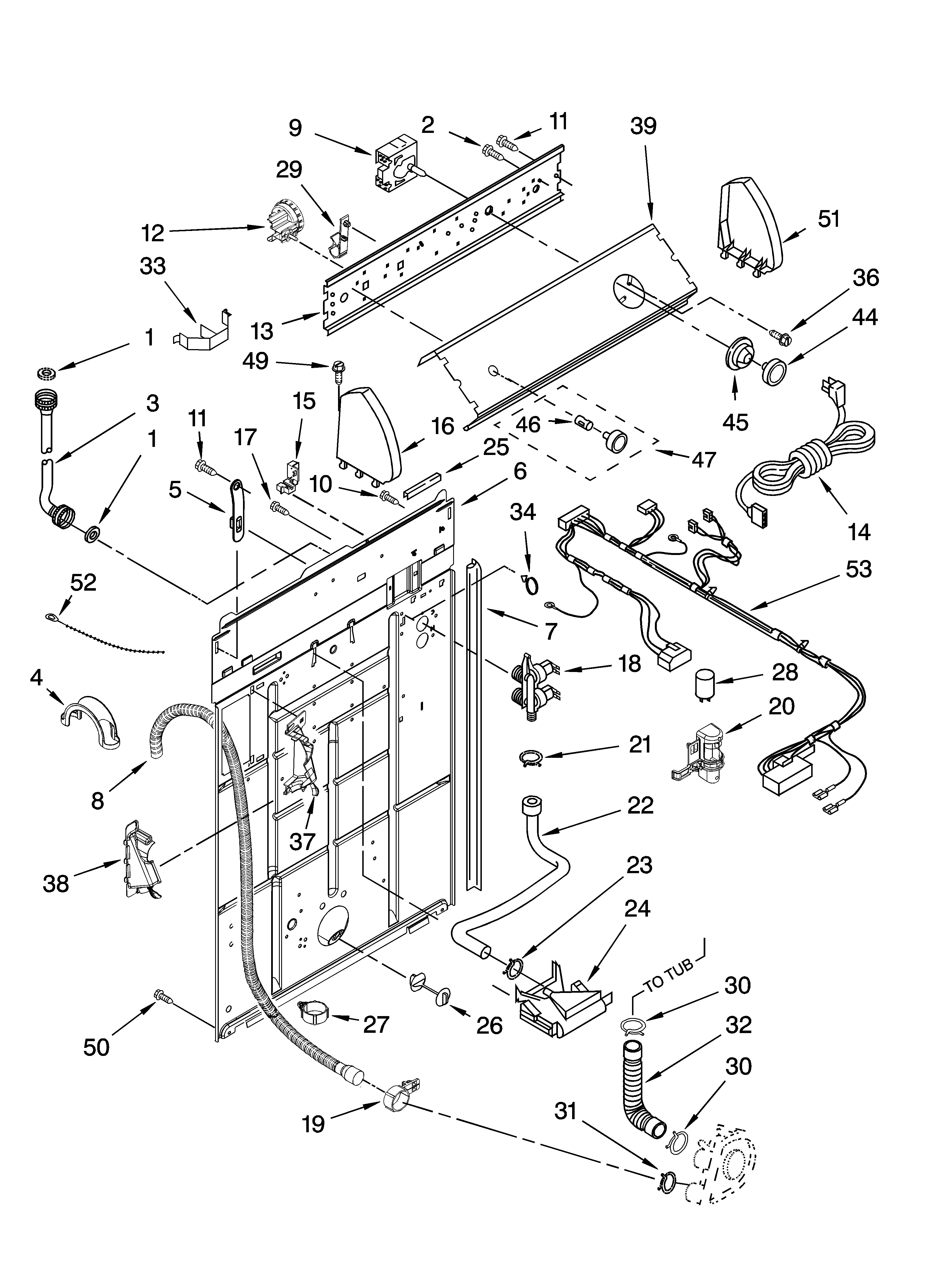 Roper RTW4100SQ0 controls and rear panel parts diagram