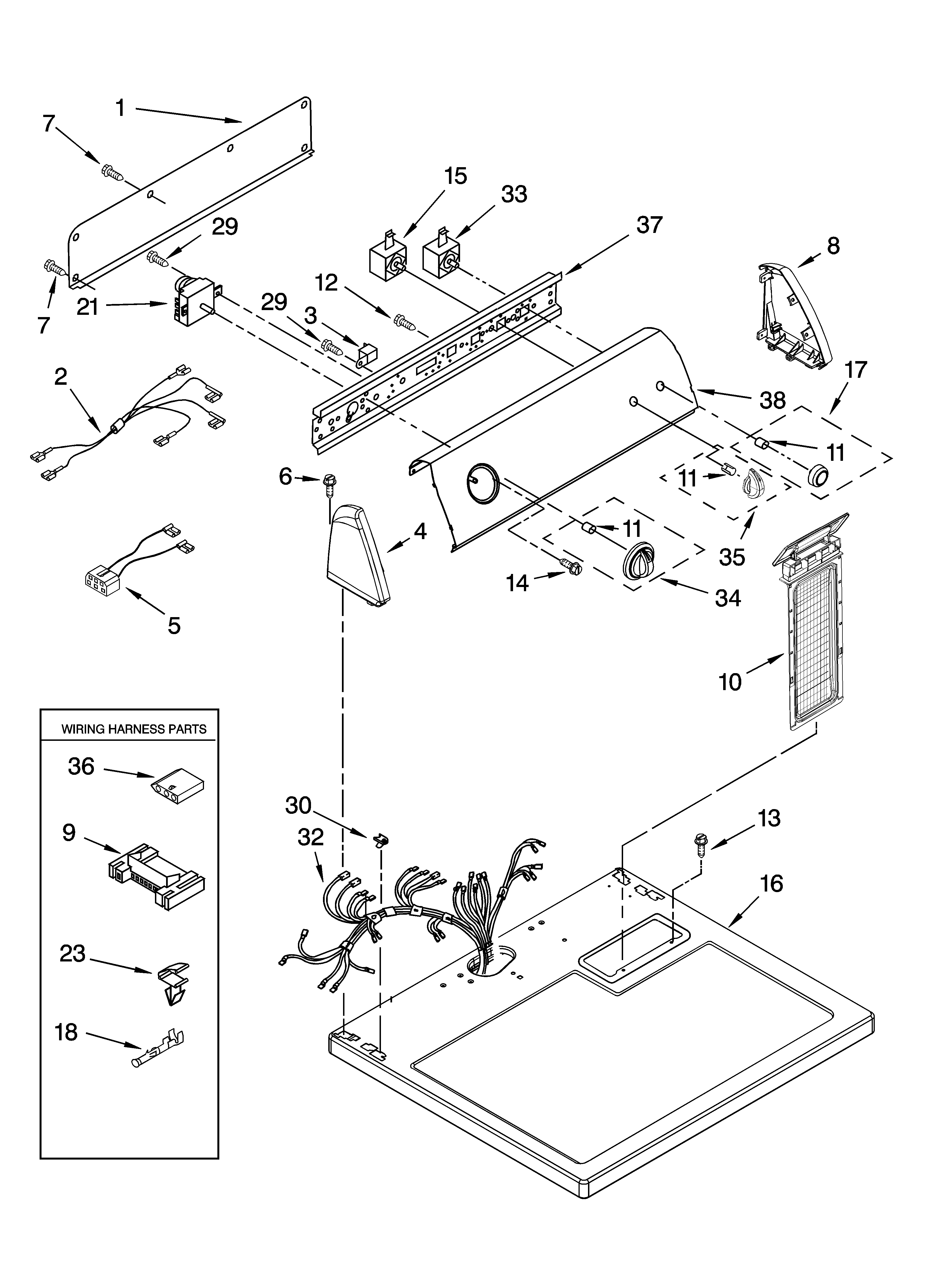 Whirlpool WED5500SQ0 top and console parts diagram