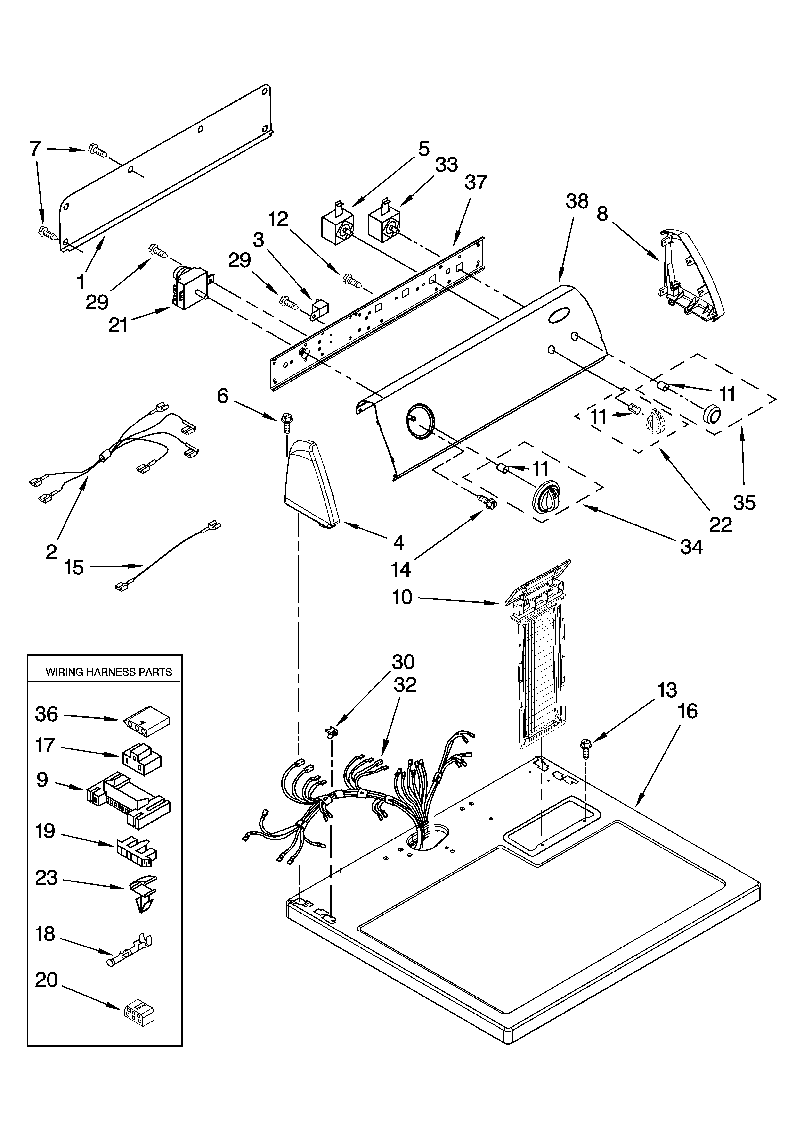 Whirlpool WED5530SQ0 top and console parts diagram