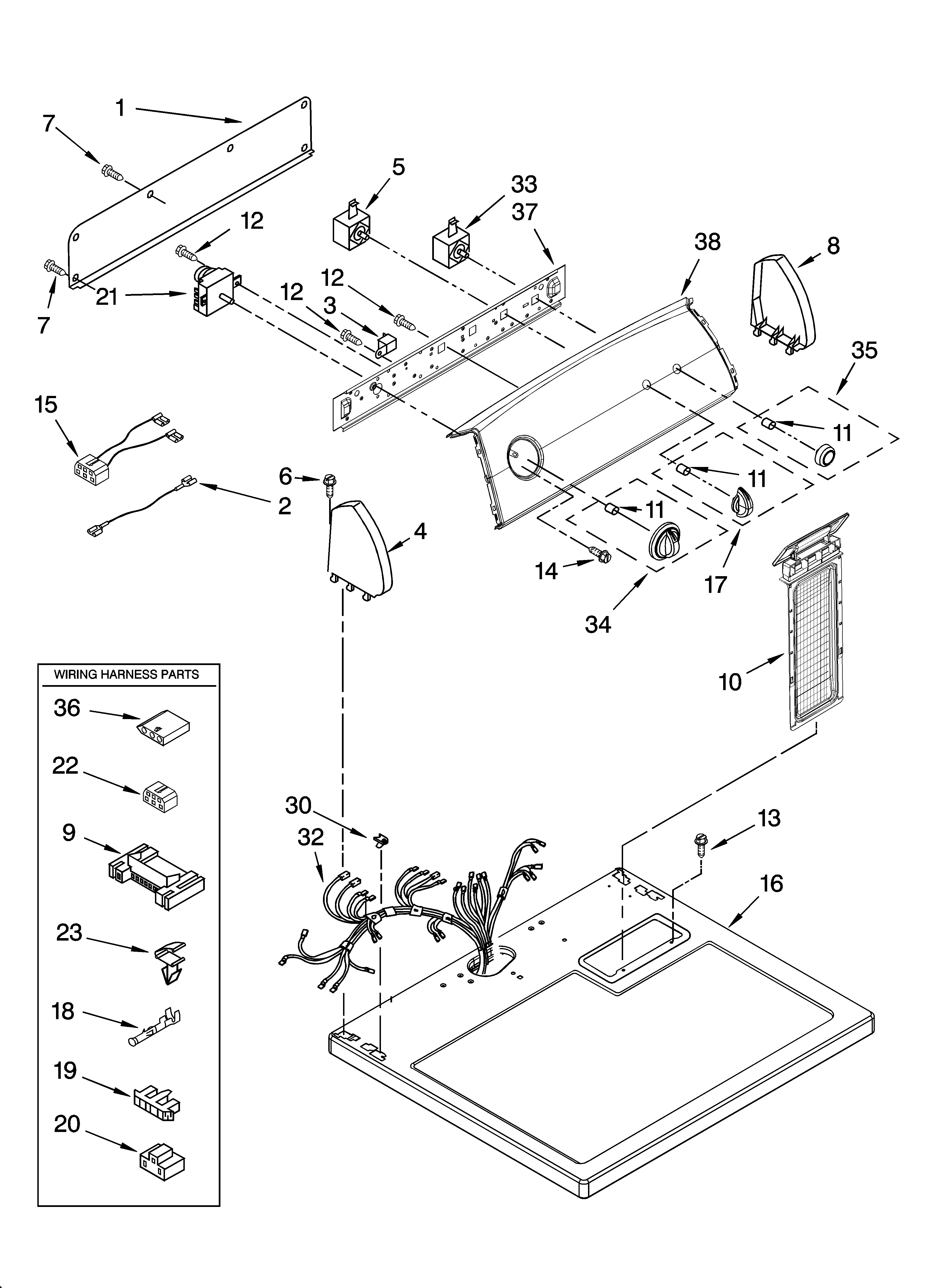 Whirlpool WED5540SQ0 top and console parts diagram