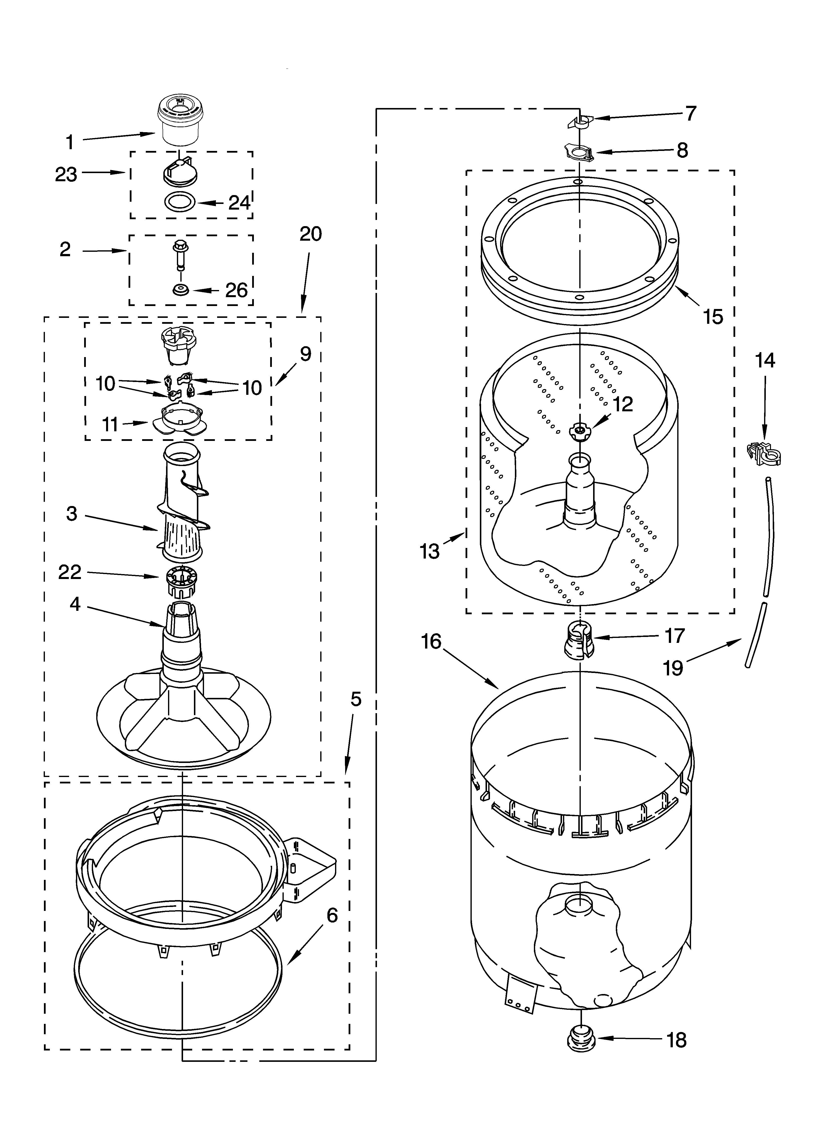 Whirlpool WTW5540SQ0 agitator, basket and tub parts diagram