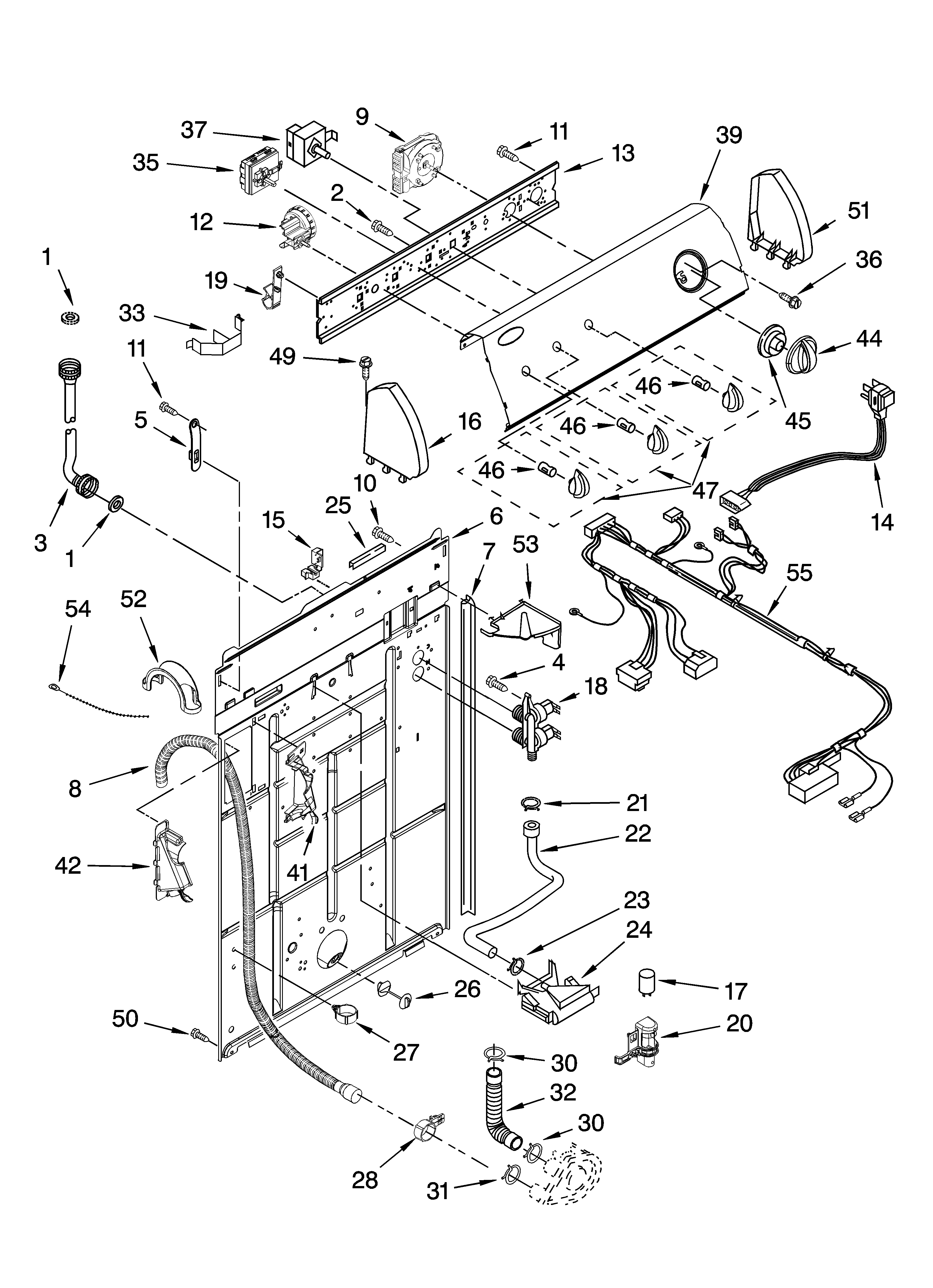 Whirlpool WTW5600SQ0 controls and rear panel parts diagram