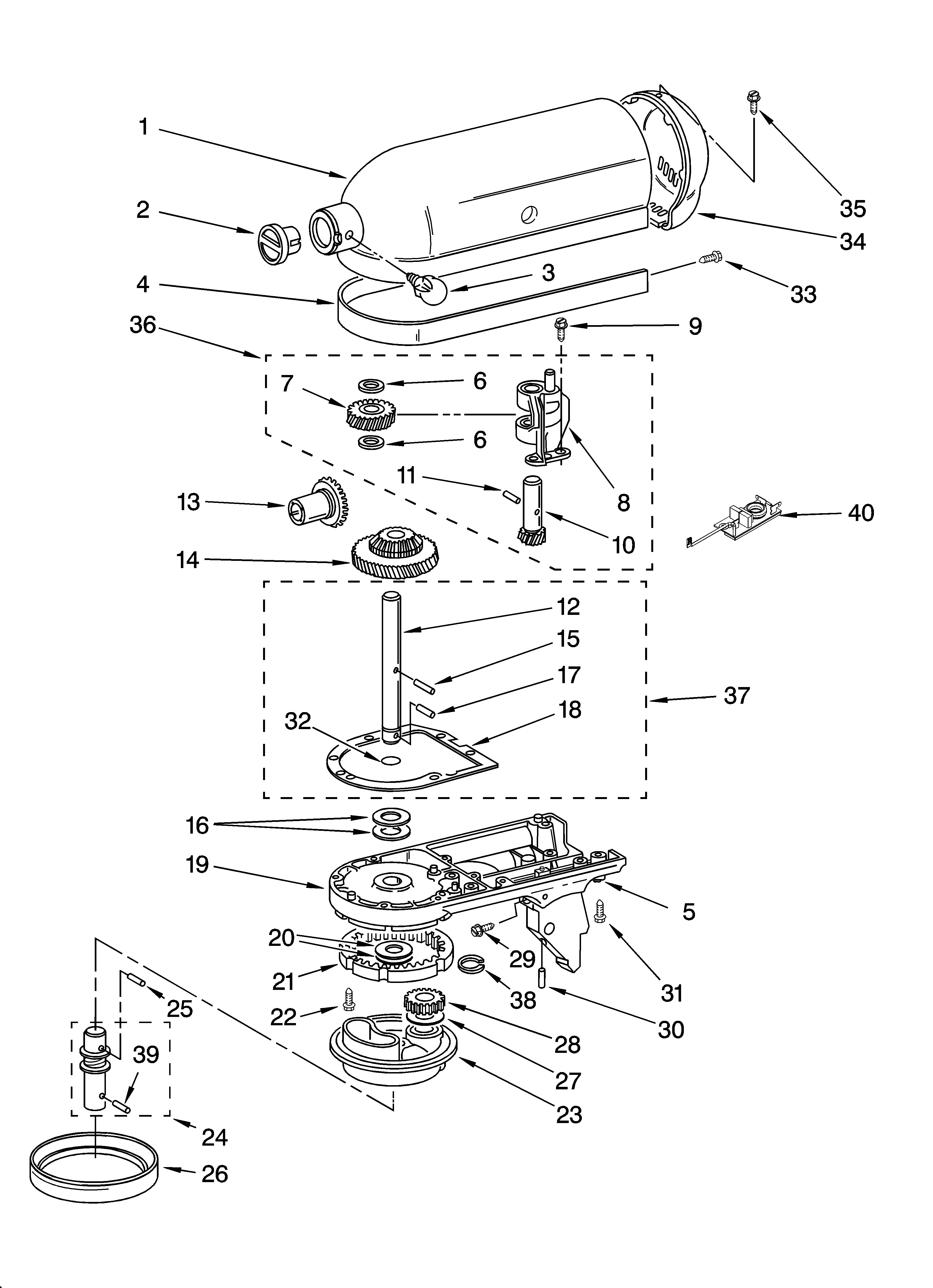 KitchenAid 9KSM90GN1 case, gearing and planetary unit diagram
