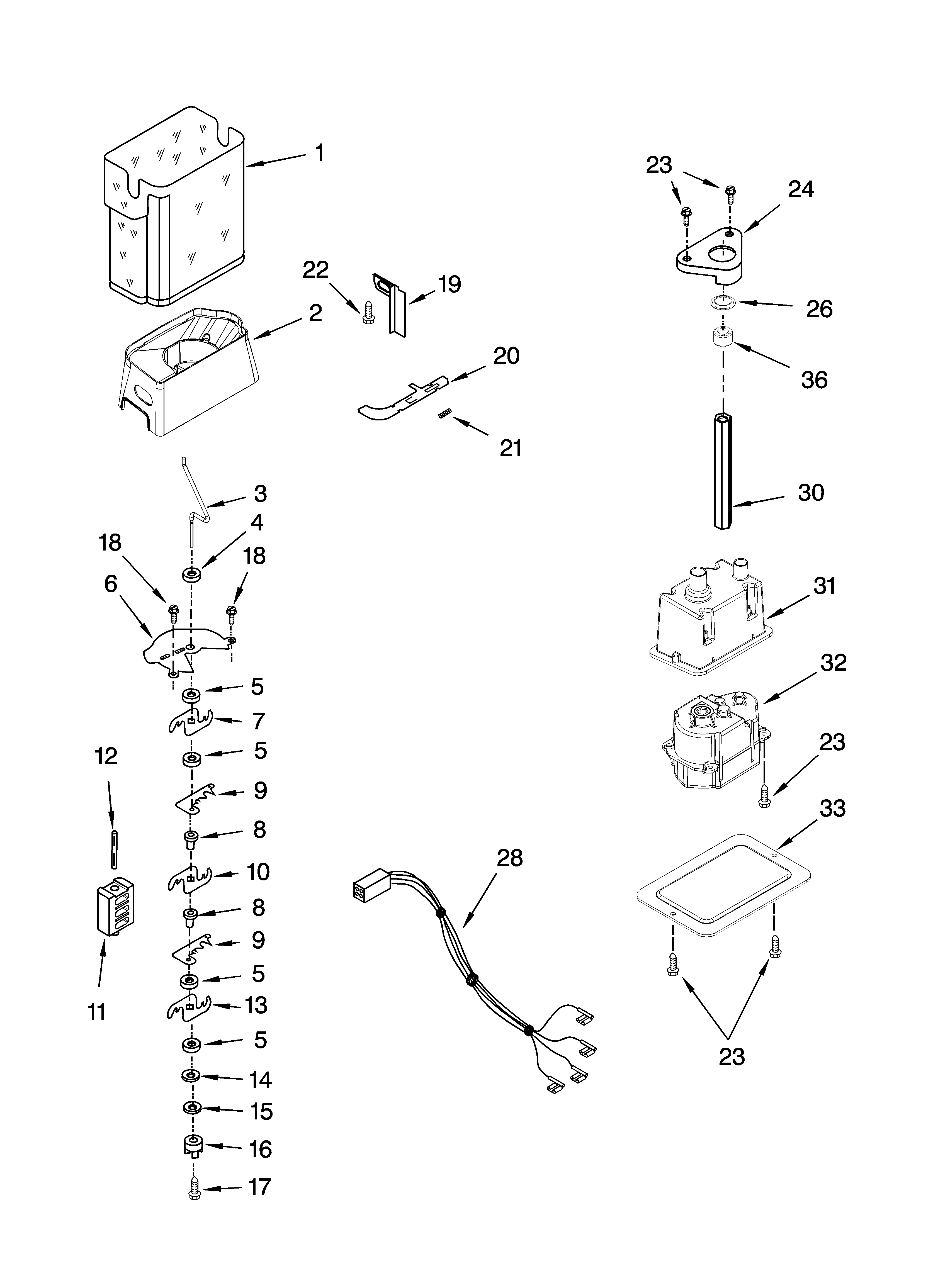 Whirlpool GD5SHAXNS03 motor and ice container parts diagram