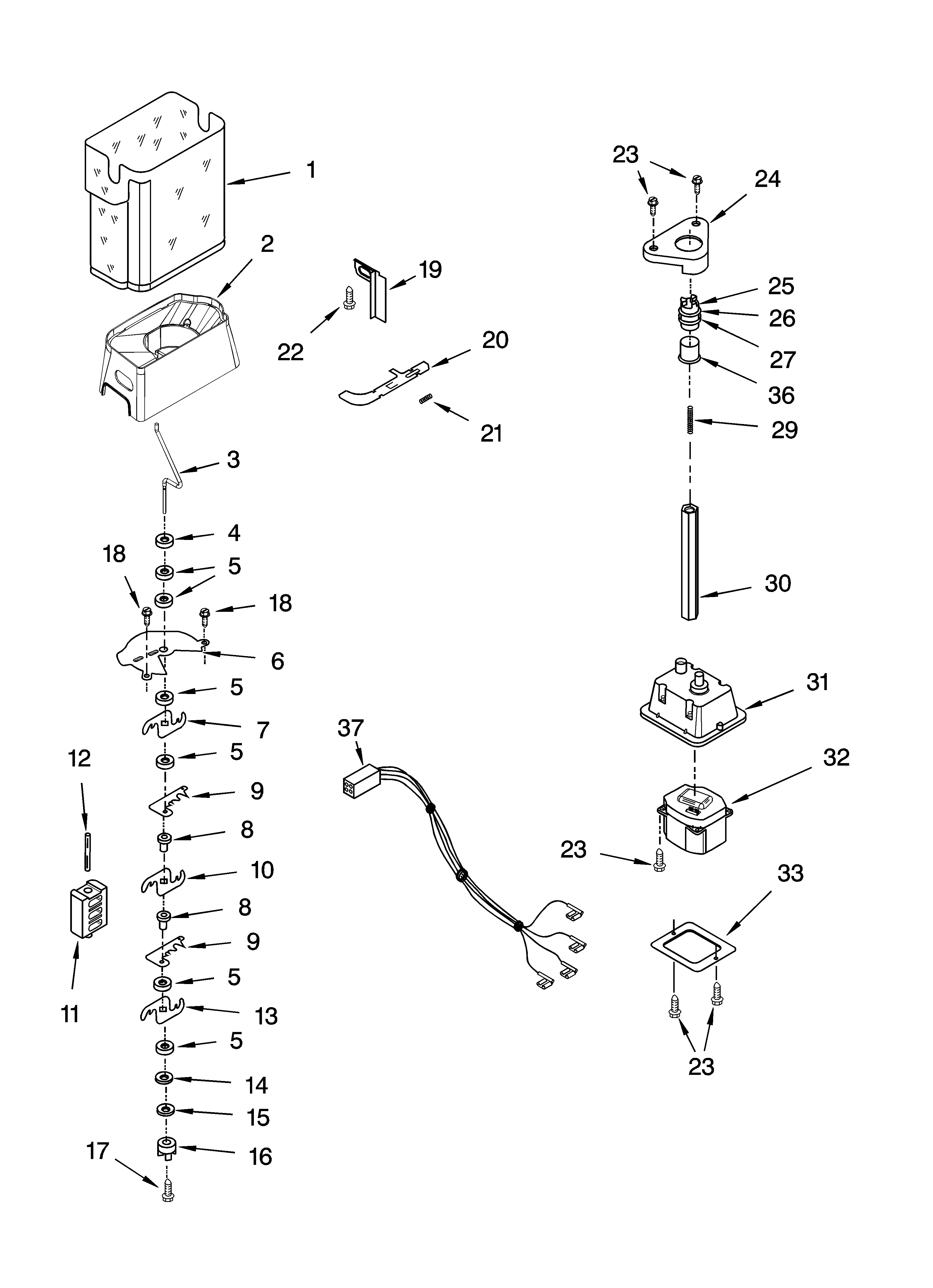 KitchenAid KSCS23INBL01 motor and ice container parts diagram