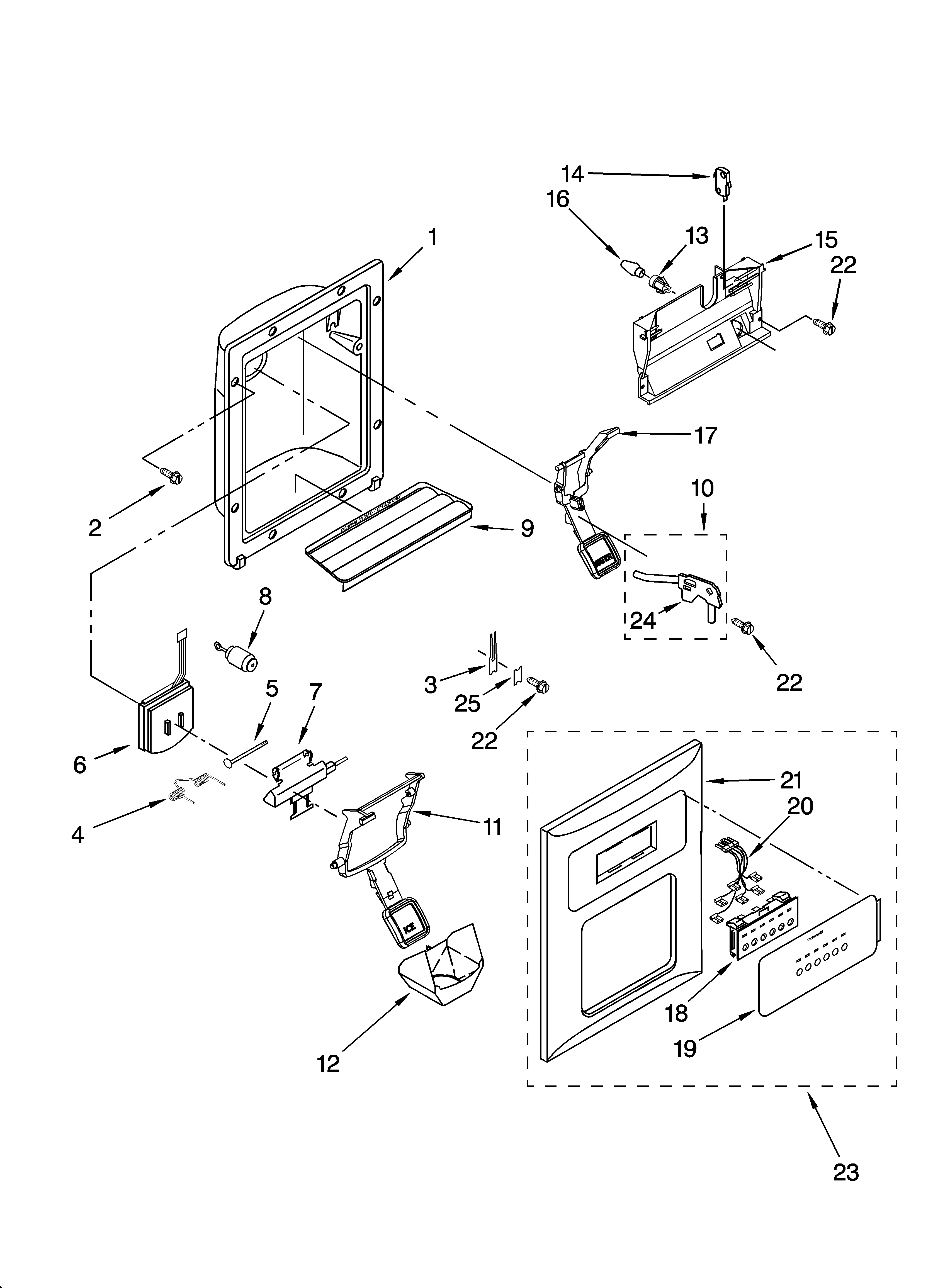 KitchenAid KSRD22FKST18 dispenser front parts diagram