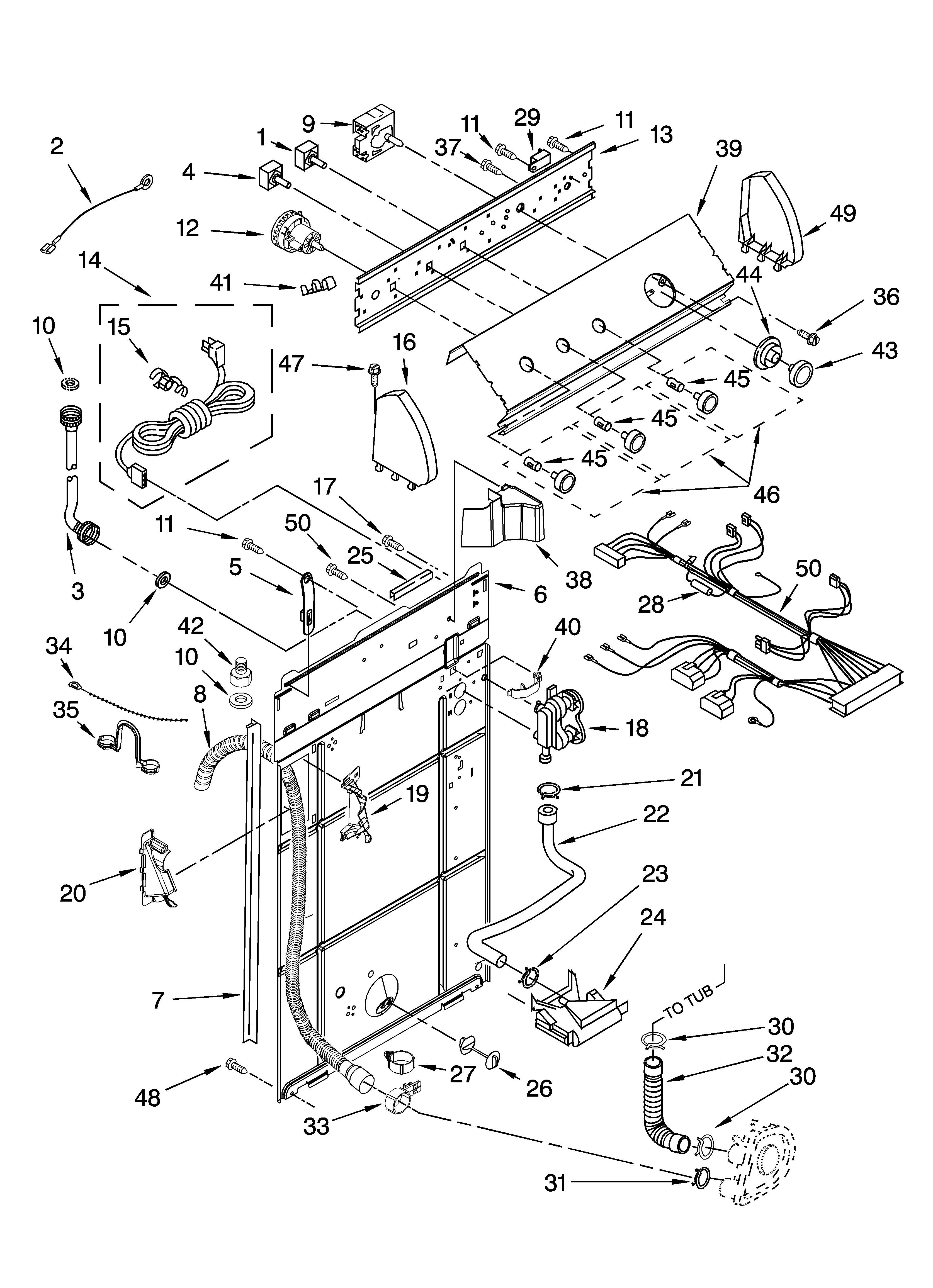 Whirlpool 3XLBR8543JQ5 controls and rear panel parts diagram