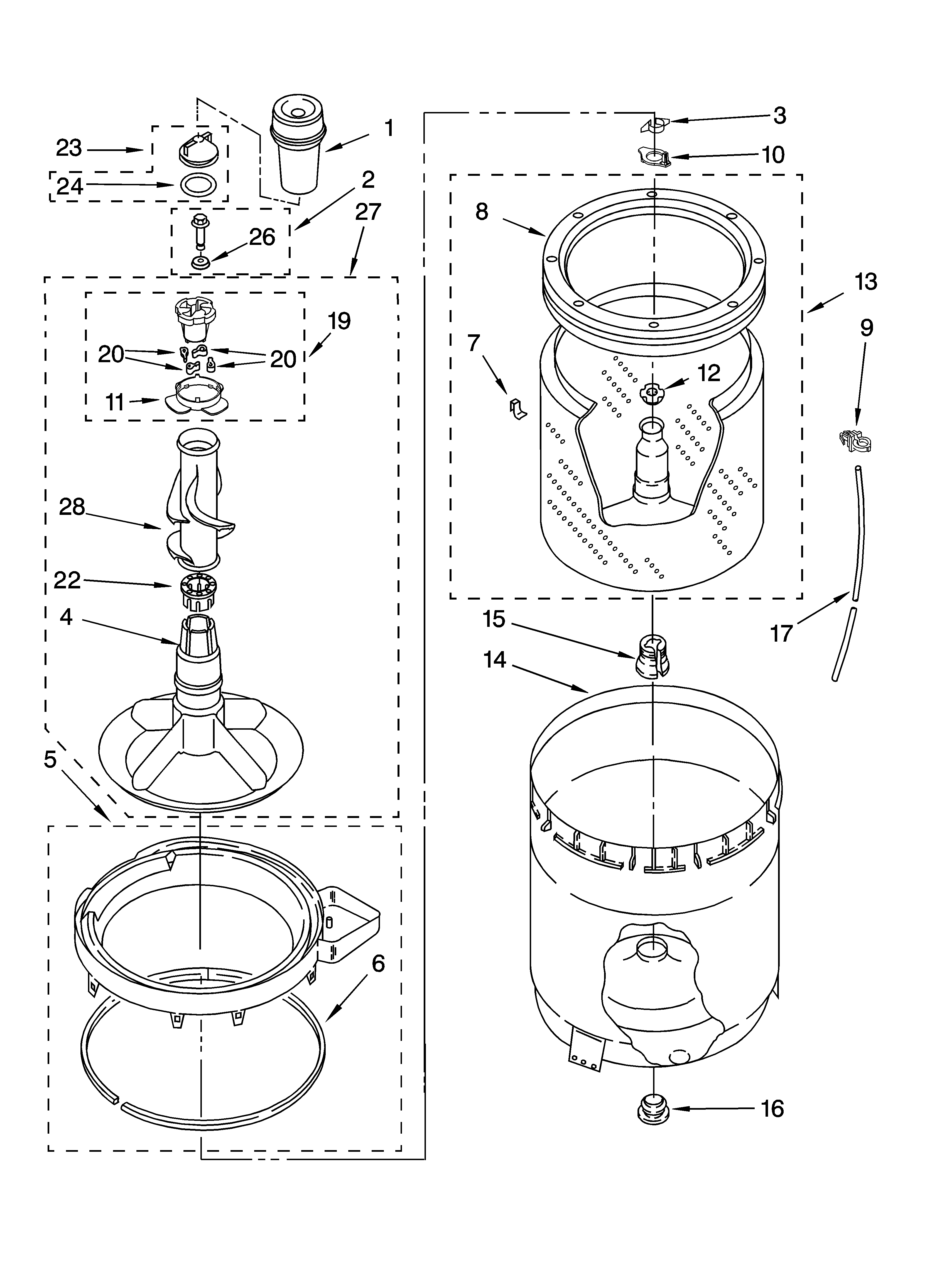 Whirlpool 3XLBR8543JQ5 agitator, basket and tub parts diagram