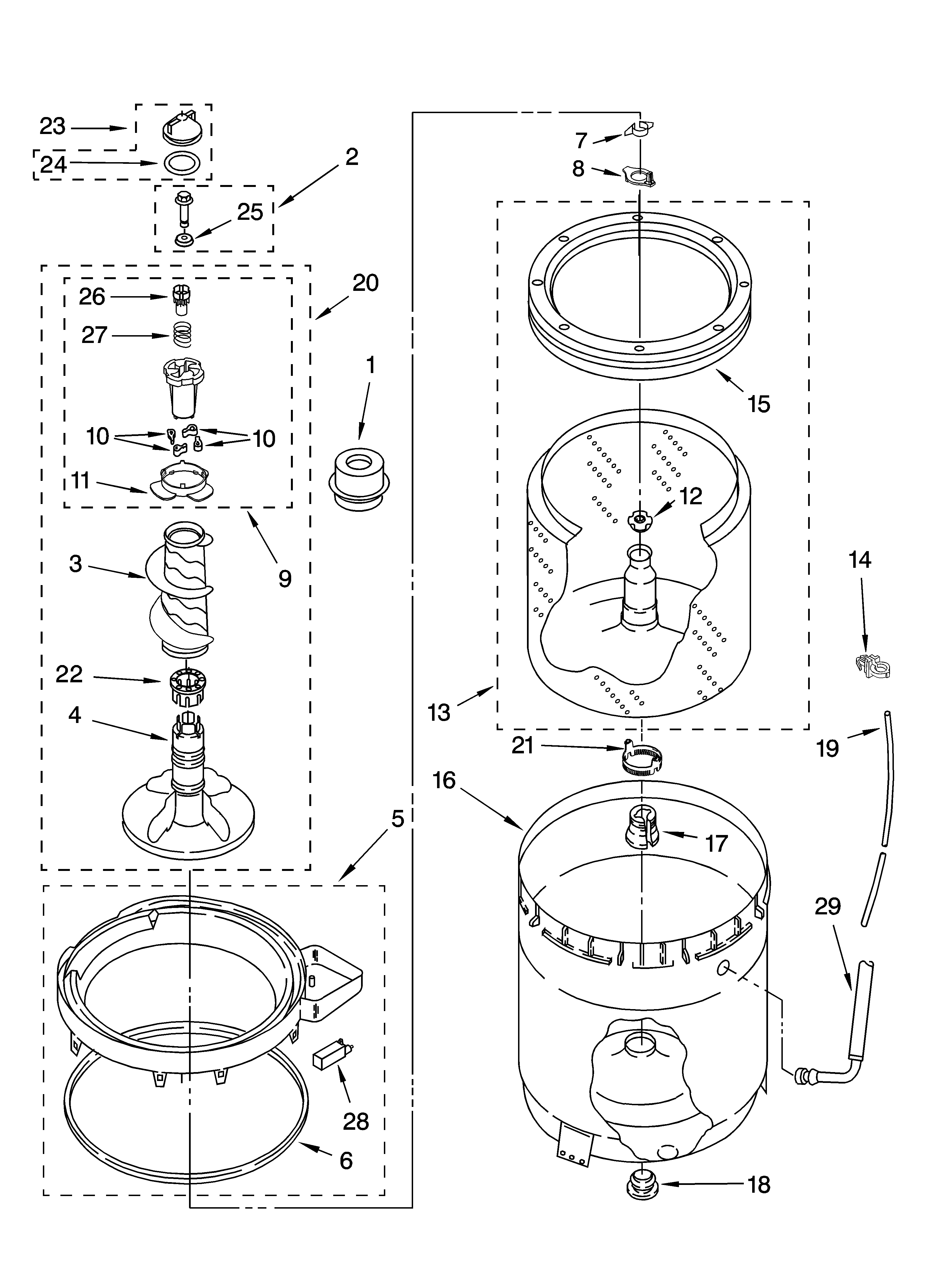 Whirlpool 7MWT97920SG0 agitator, basket and tub parts diagram