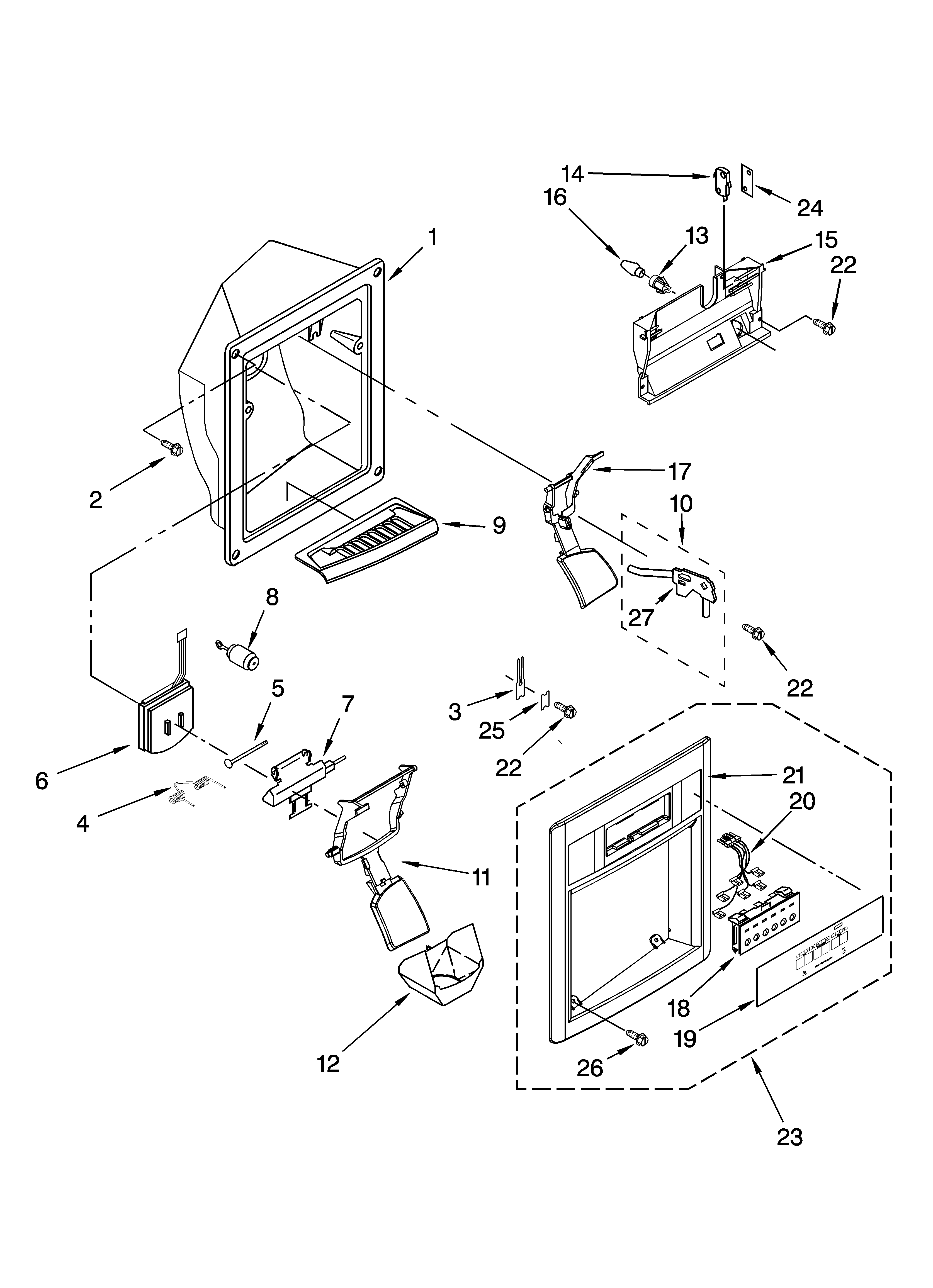 Whirlpool 5VES3FHGRS02 dispenser front parts diagram