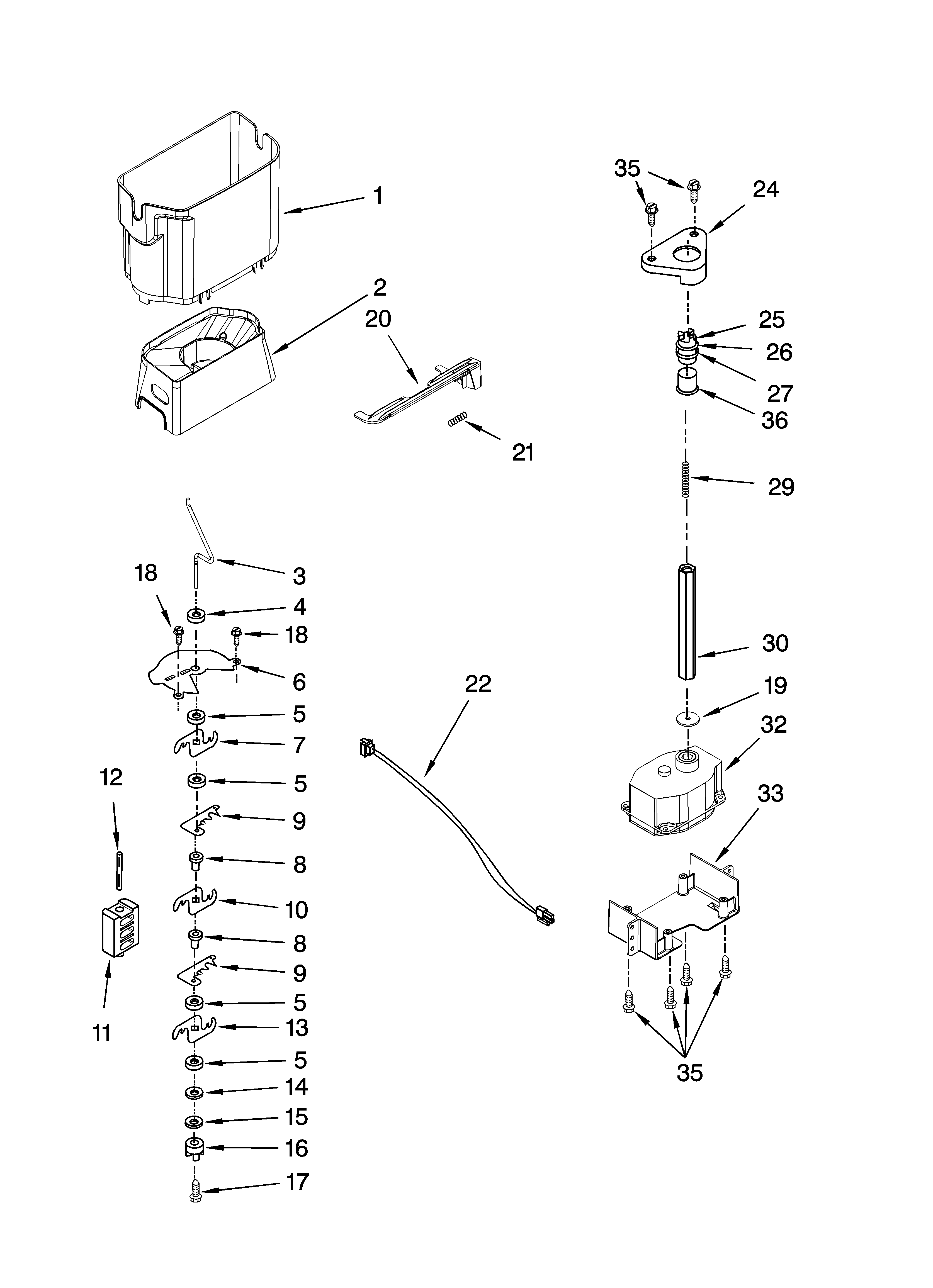 Whirlpool GF6NFEXRB01 motor and ice container parts diagram
