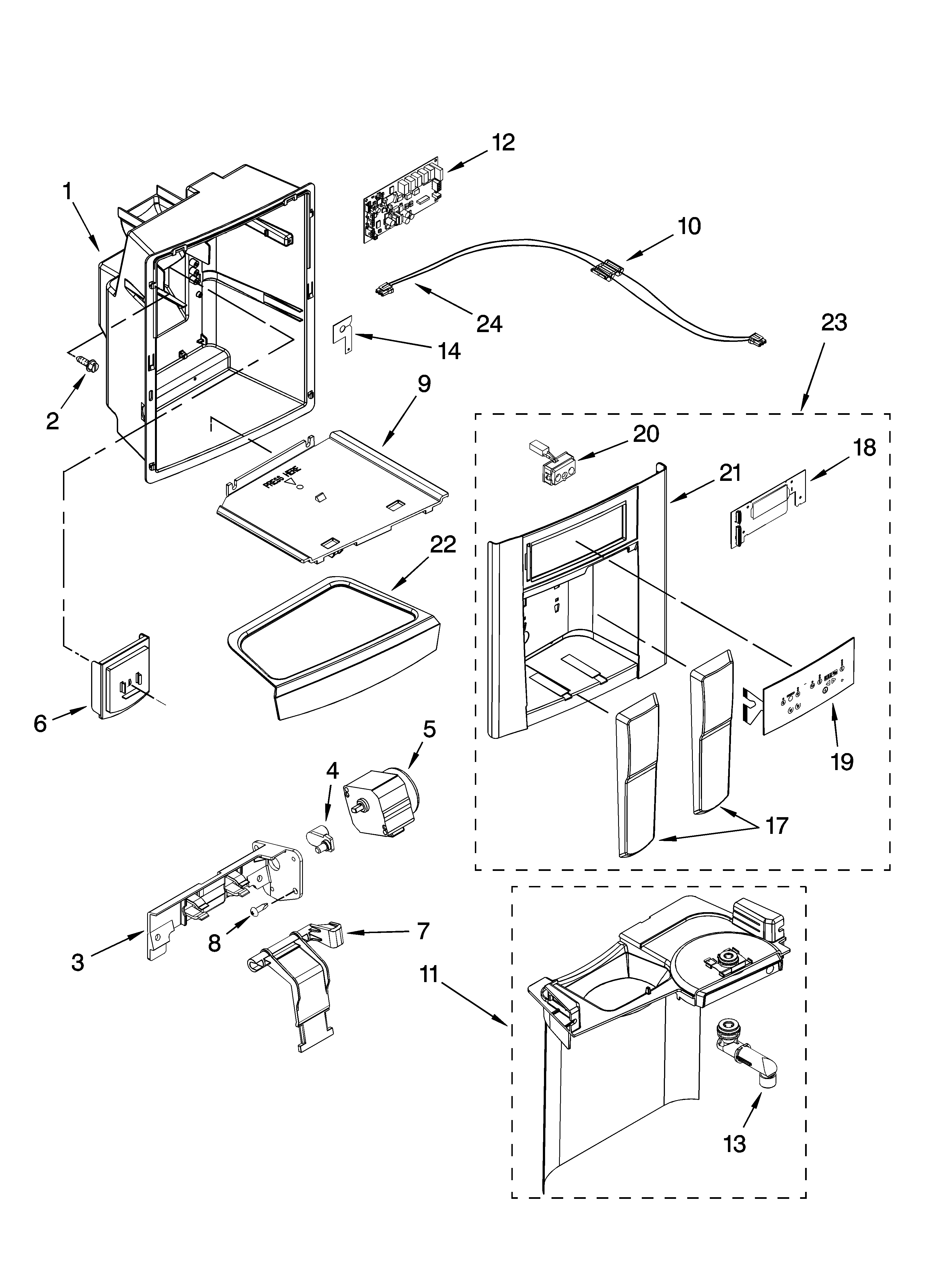 Whirlpool GF6NFEXRB01 dispenser front parts diagram