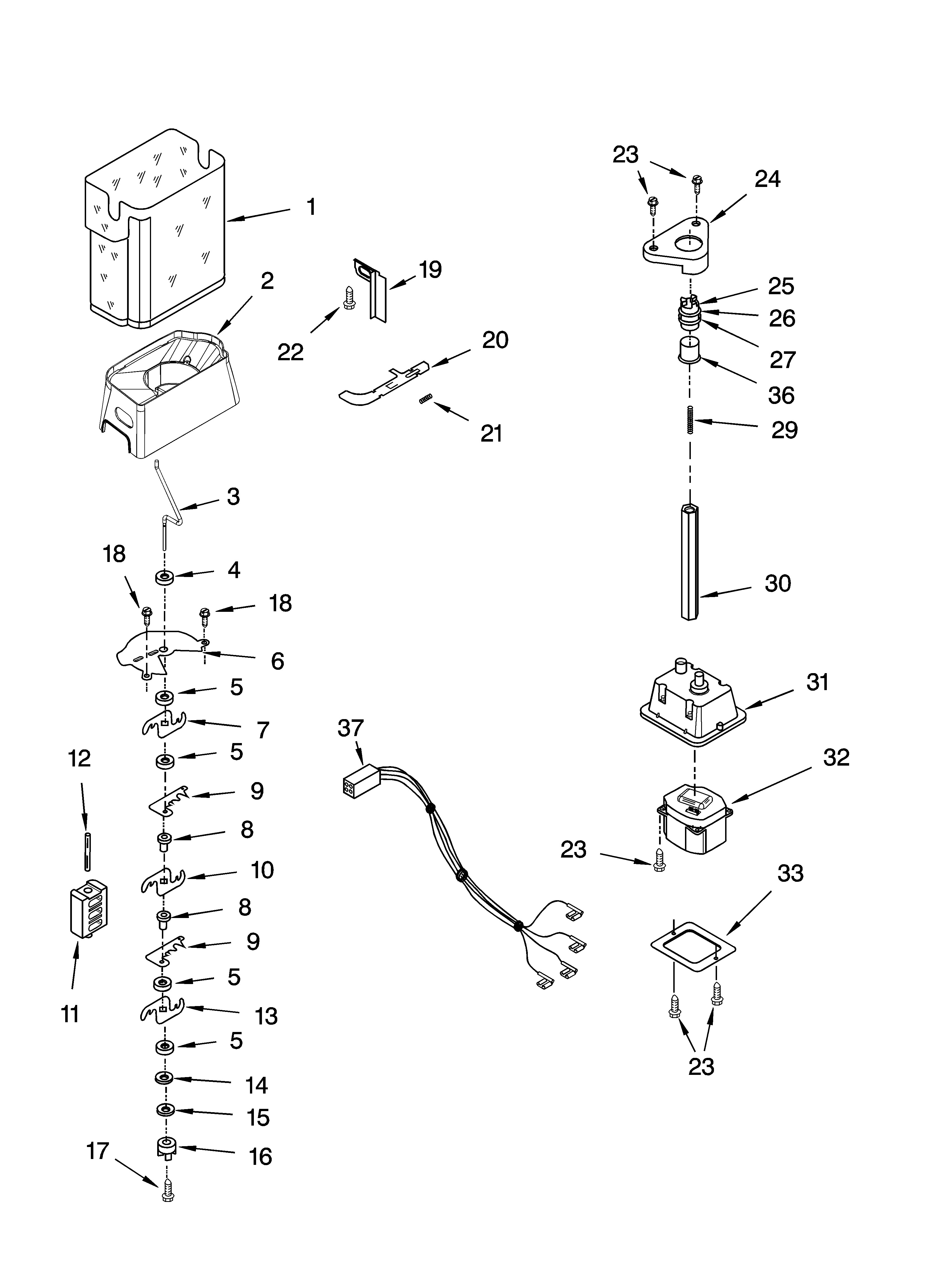 KitchenAid KSCS23FSWH00 motor and ice container parts diagram