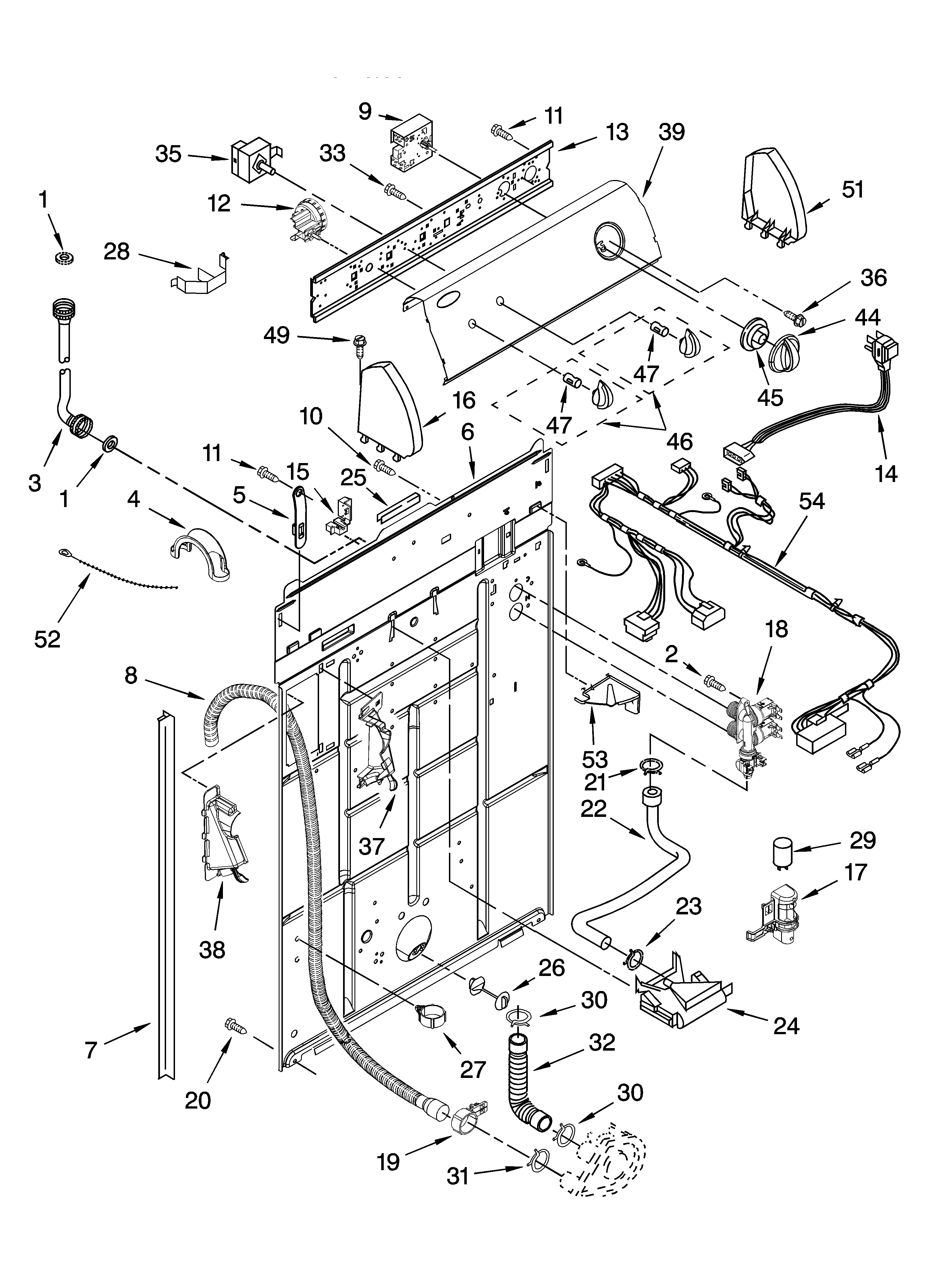 Whirlpool WTW5590ST0 controls and rear panel parts diagram