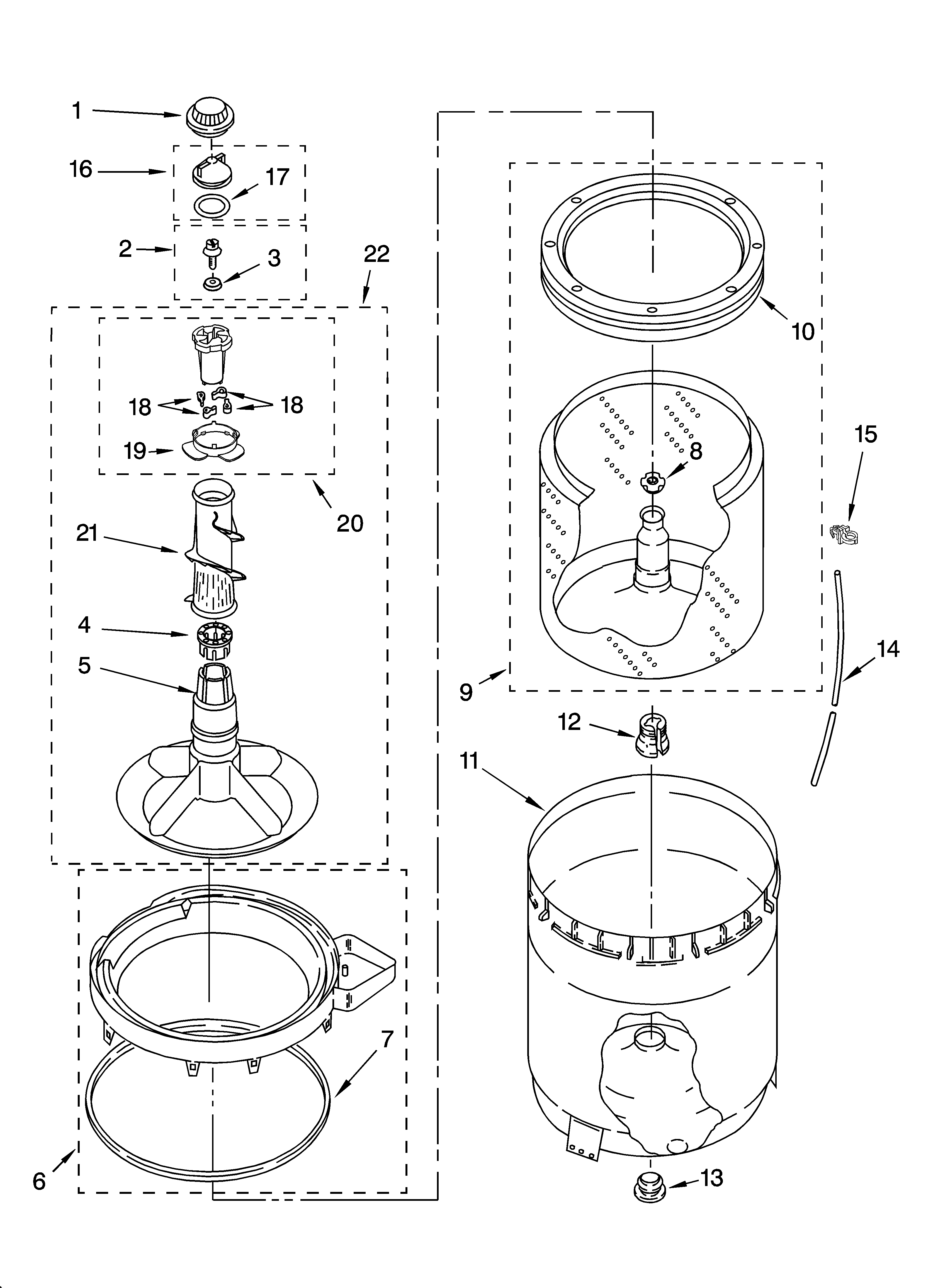 Whirlpool WTW5590ST0 agitator, basket and tub parts diagram