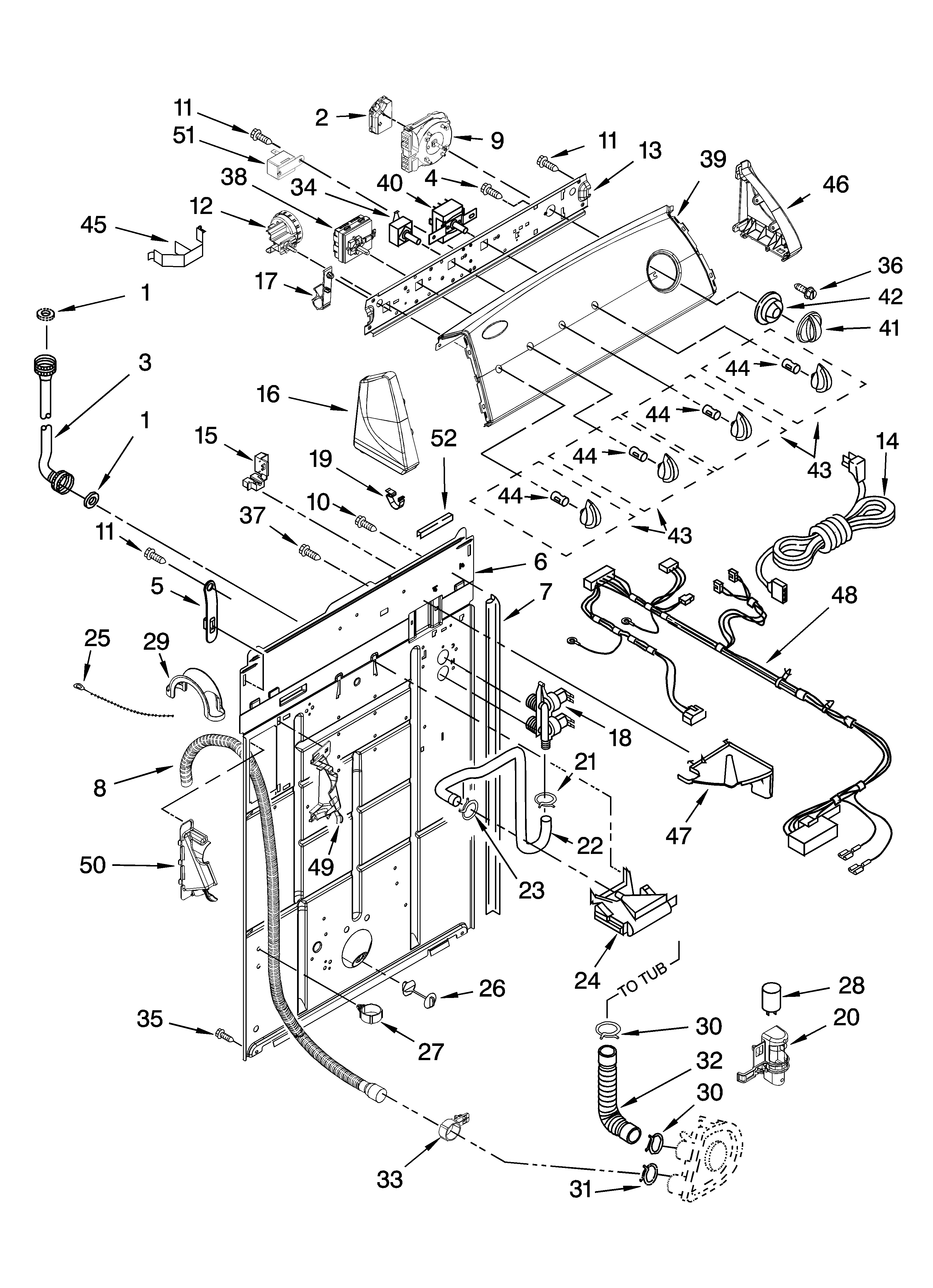 Whirlpool WTW5821SW0 controls and rear panel parts diagram