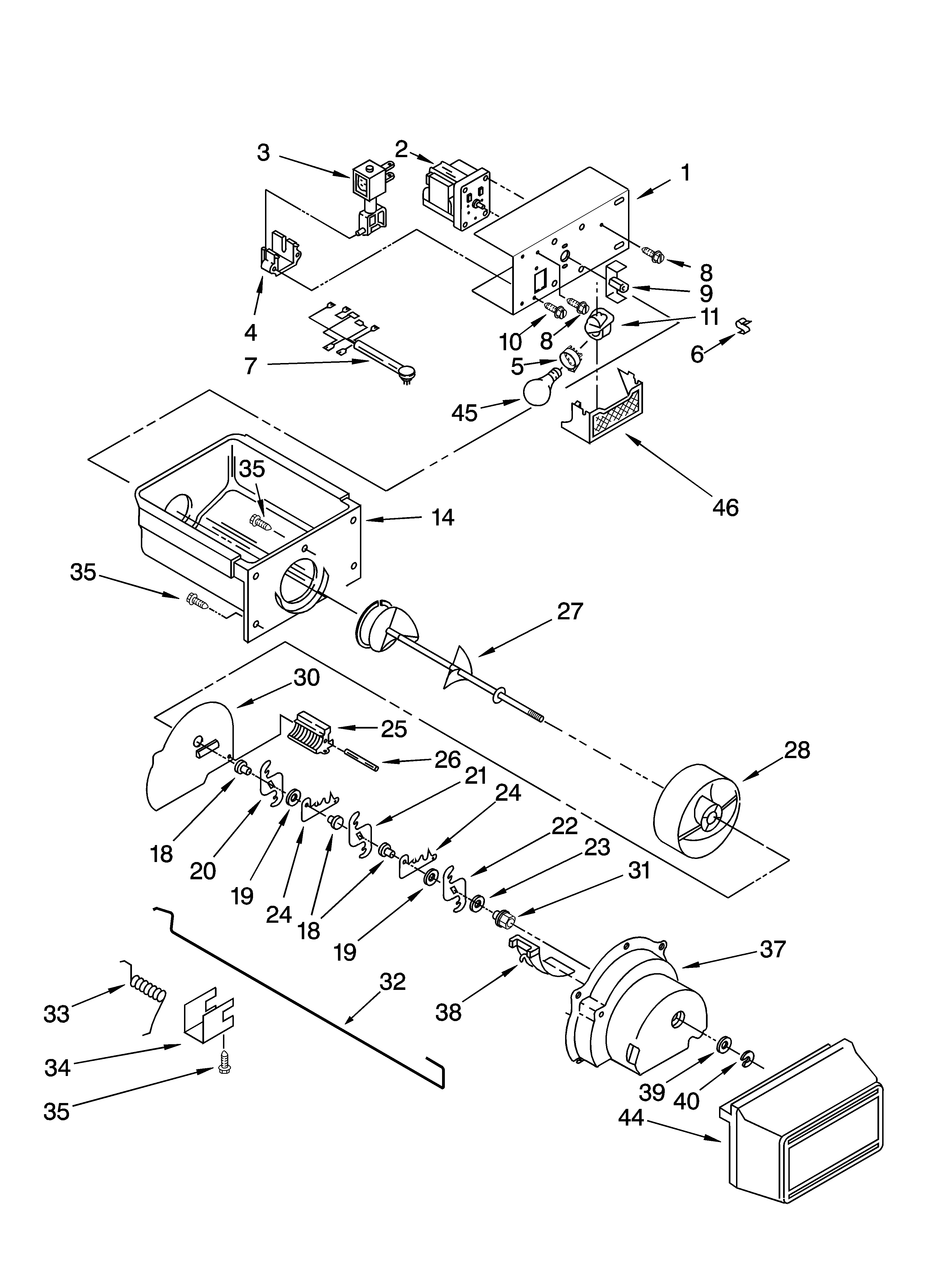 Whirlpool 6ED2FHGXSQ00 motor and ice container parts diagram