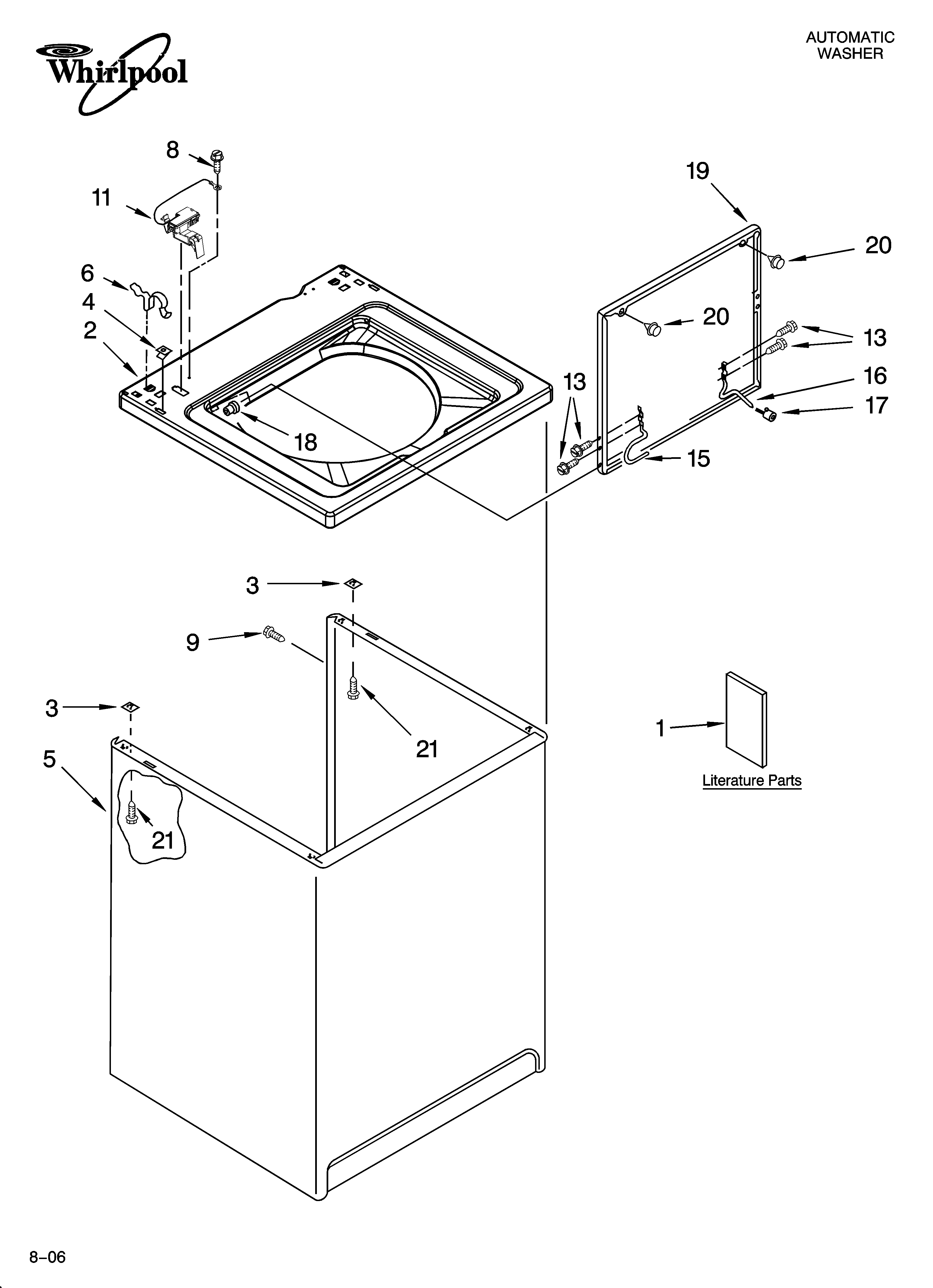 Whirlpool 8TLSR7432LT1 top and cabinet parts diagram