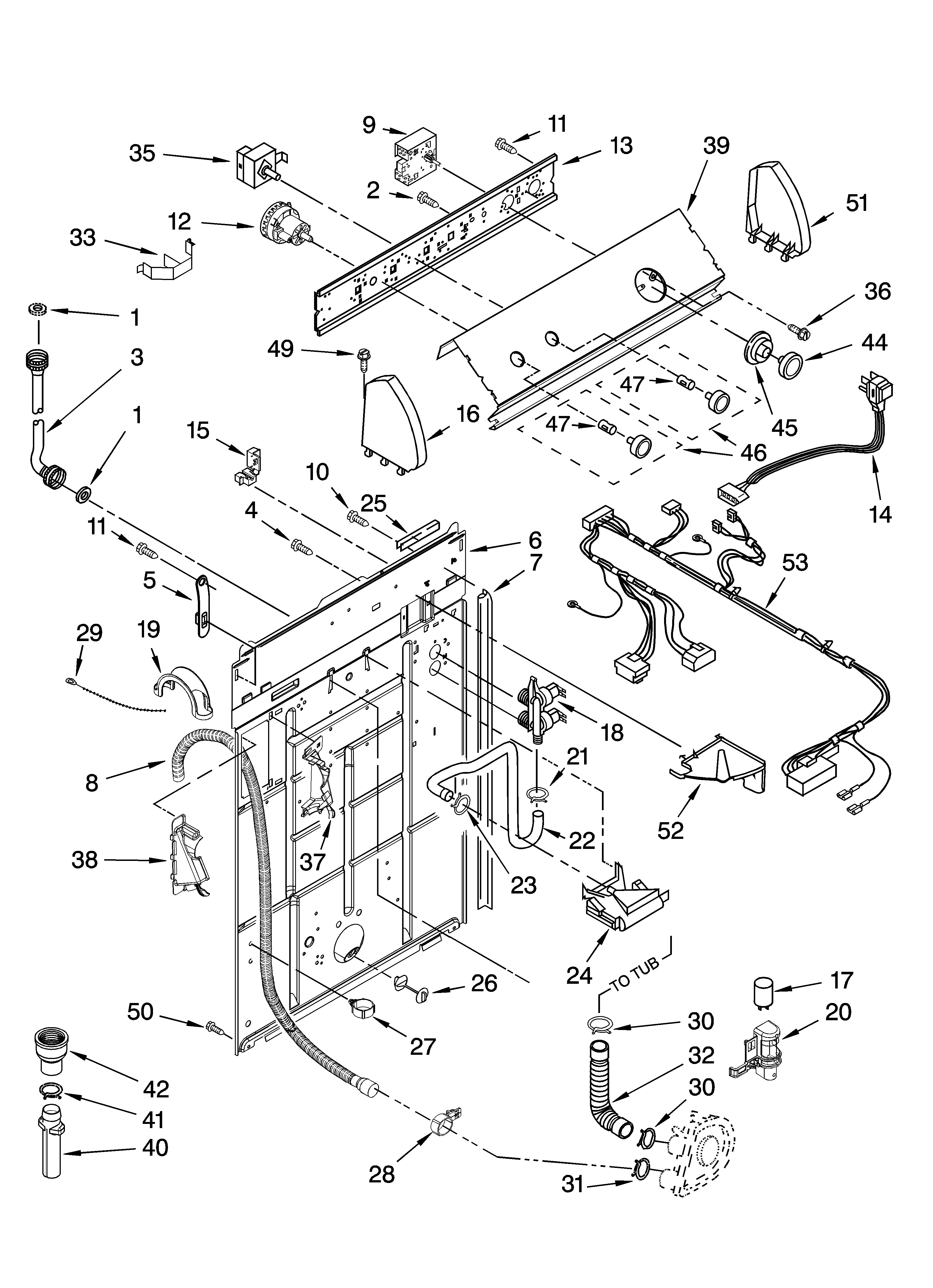 Whirlpool 8TLSR7432LT1 controls and rear panel parts diagram